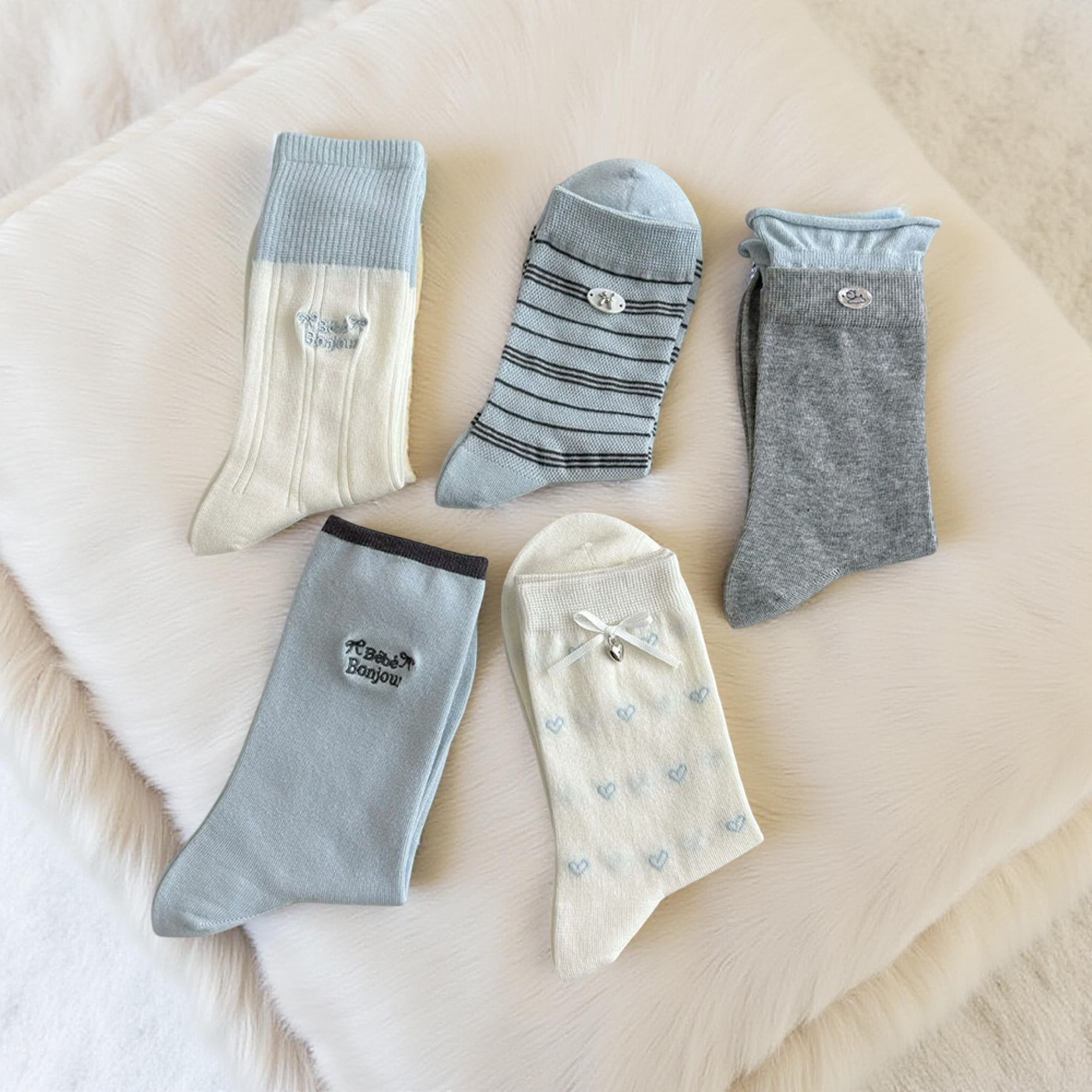 Anna-Kaci Women's 5-Pair Ribbed Crew Socks Set with Embroidered Details Bow Accents Soft Stretch Knit Giftable Basics