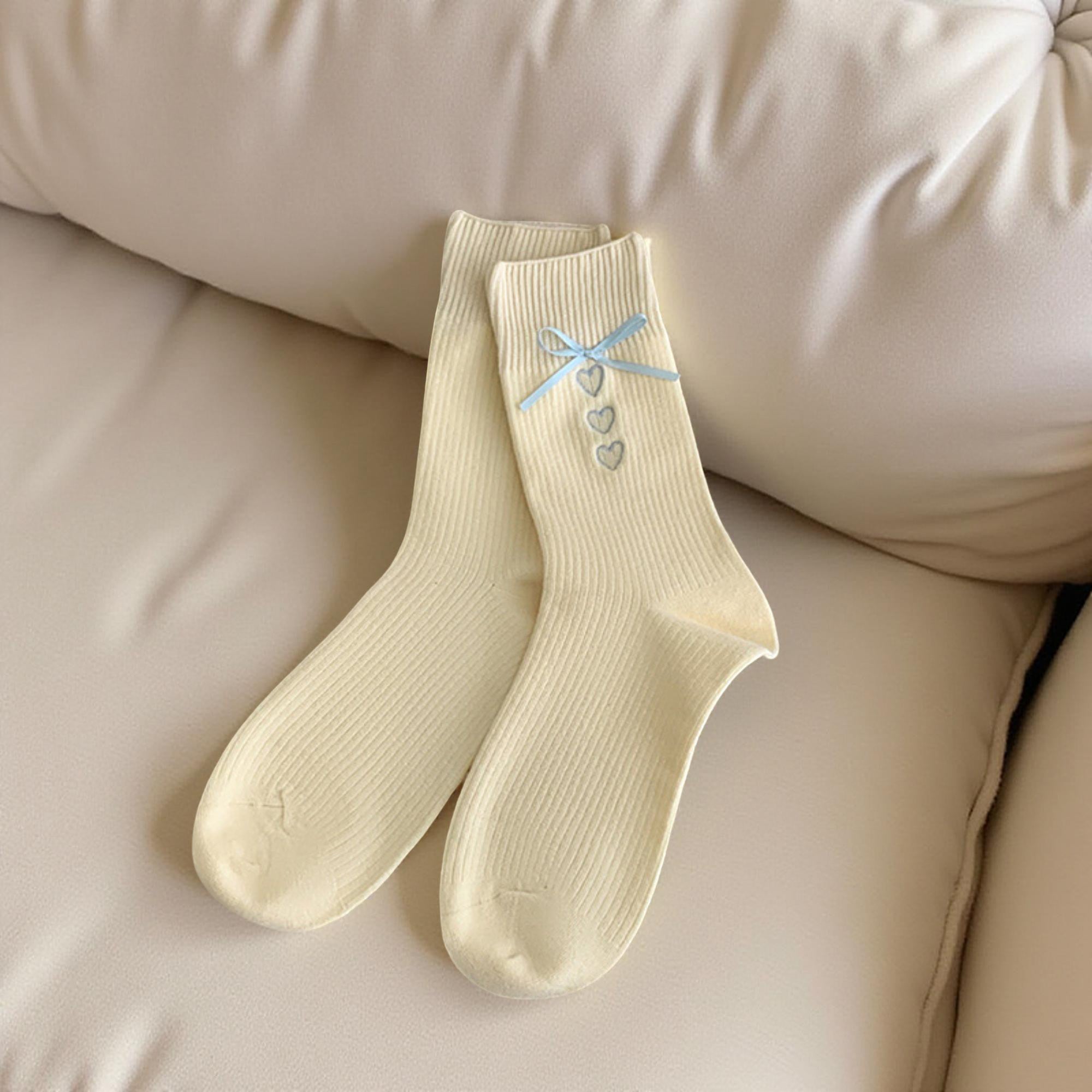 Anna-Kaci Women's 3-Pair Ribbed Crew Socks Set with Bow and Heart Embellishments Soft Stretch Knit Giftable Essentials