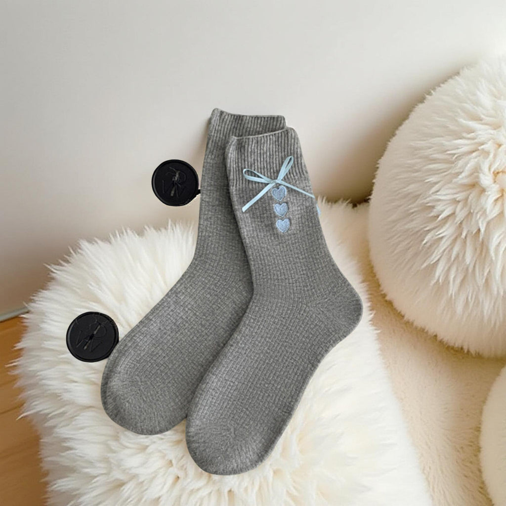 Anna-Kaci Women's 3-Pair Ribbed Crew Socks Set with Bow and Heart Embellishments Soft Stretch Knit Giftable Essentials