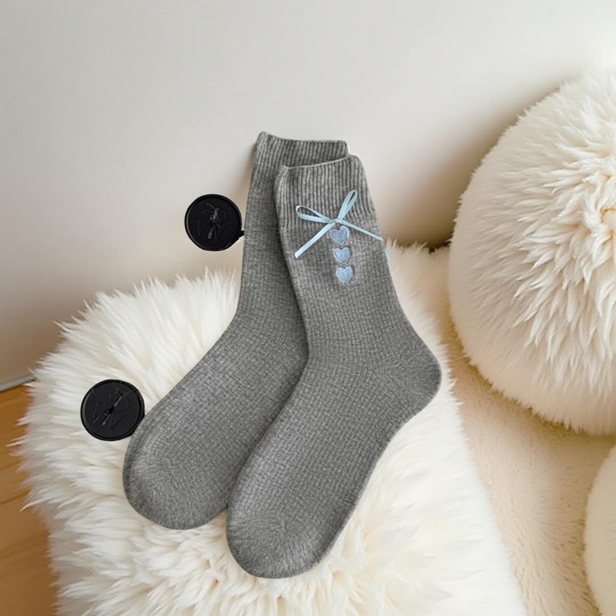Anna-Kaci Women's 3-Pair Ribbed Crew Socks Set with Bow and Heart Embellishments Soft Stretch Knit Giftable Essentials