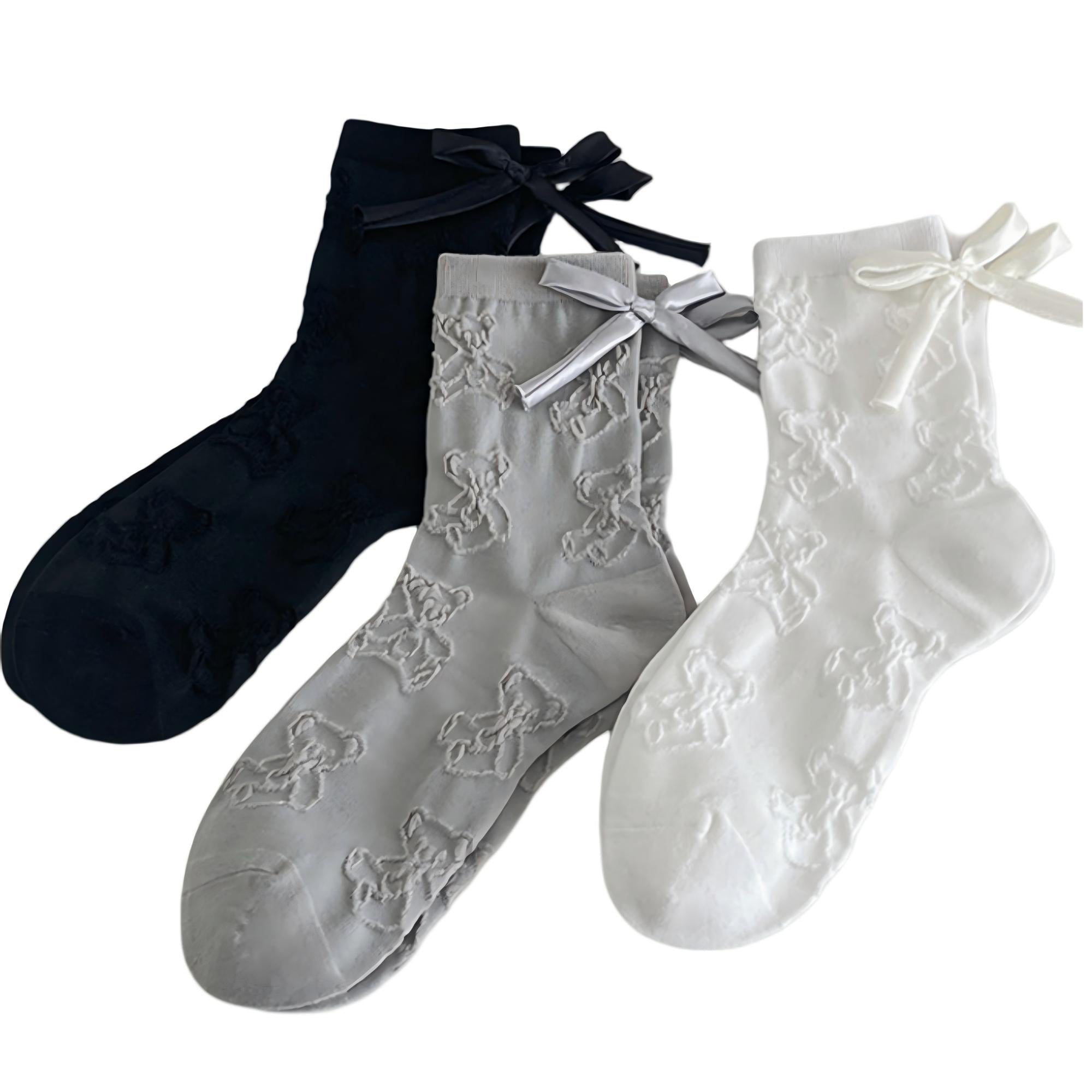 Anna-Kaci Women's 3-Pair Sheer Lace Crew Socks with Ribbon Bow Detail Elegant Lightweight Dress Socks