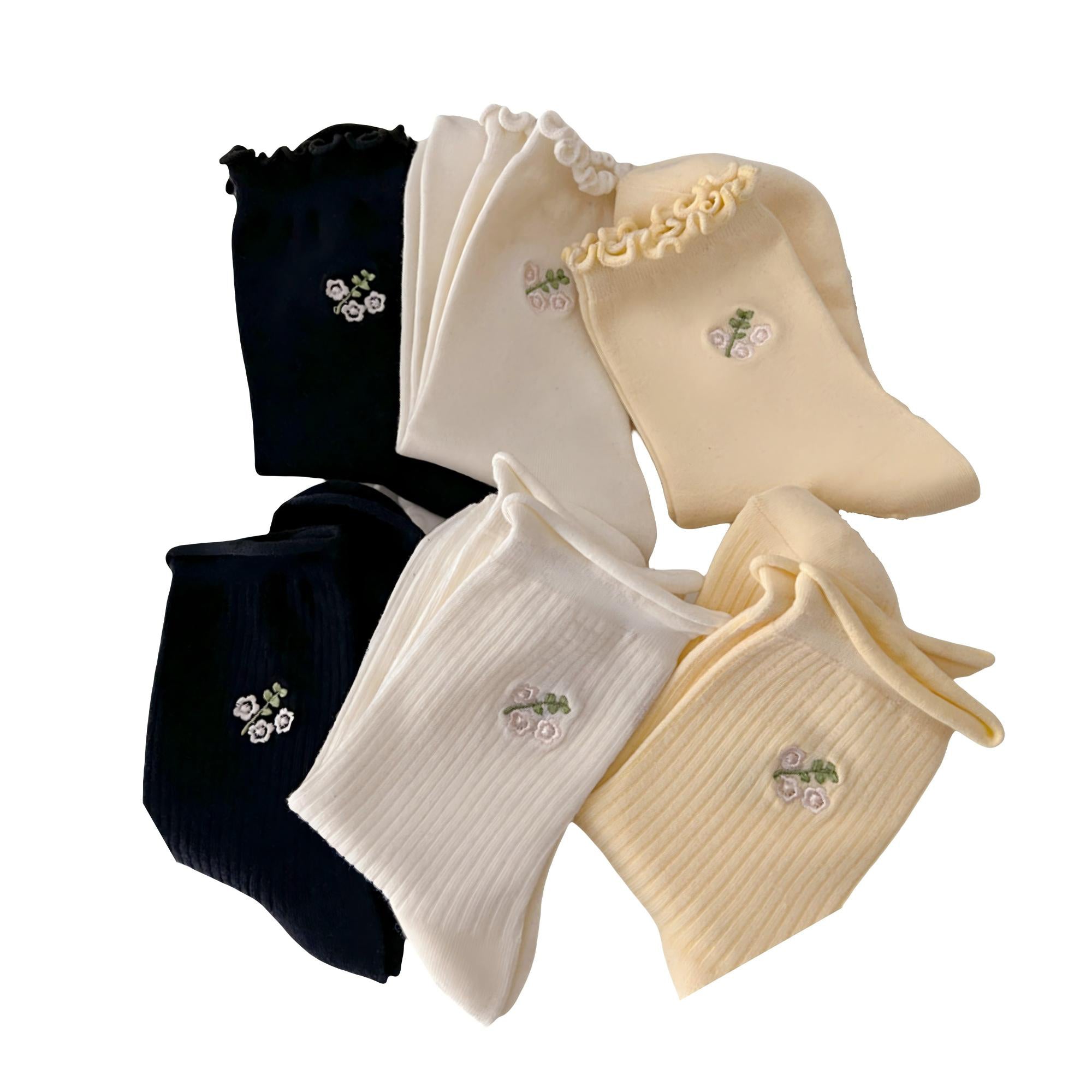 Anna-Kaci Women's 6-Pair Ribbed Crew Socks with Floral Embroidery and Ruffled Cuff Soft Everyday Socks