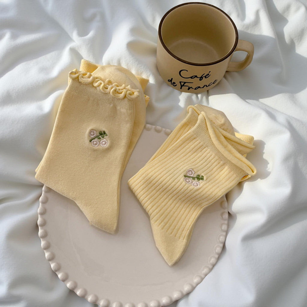 Anna-Kaci Women's 6-Pair Ribbed Crew Socks with Floral Embroidery and Ruffled Cuff Soft Everyday Socks