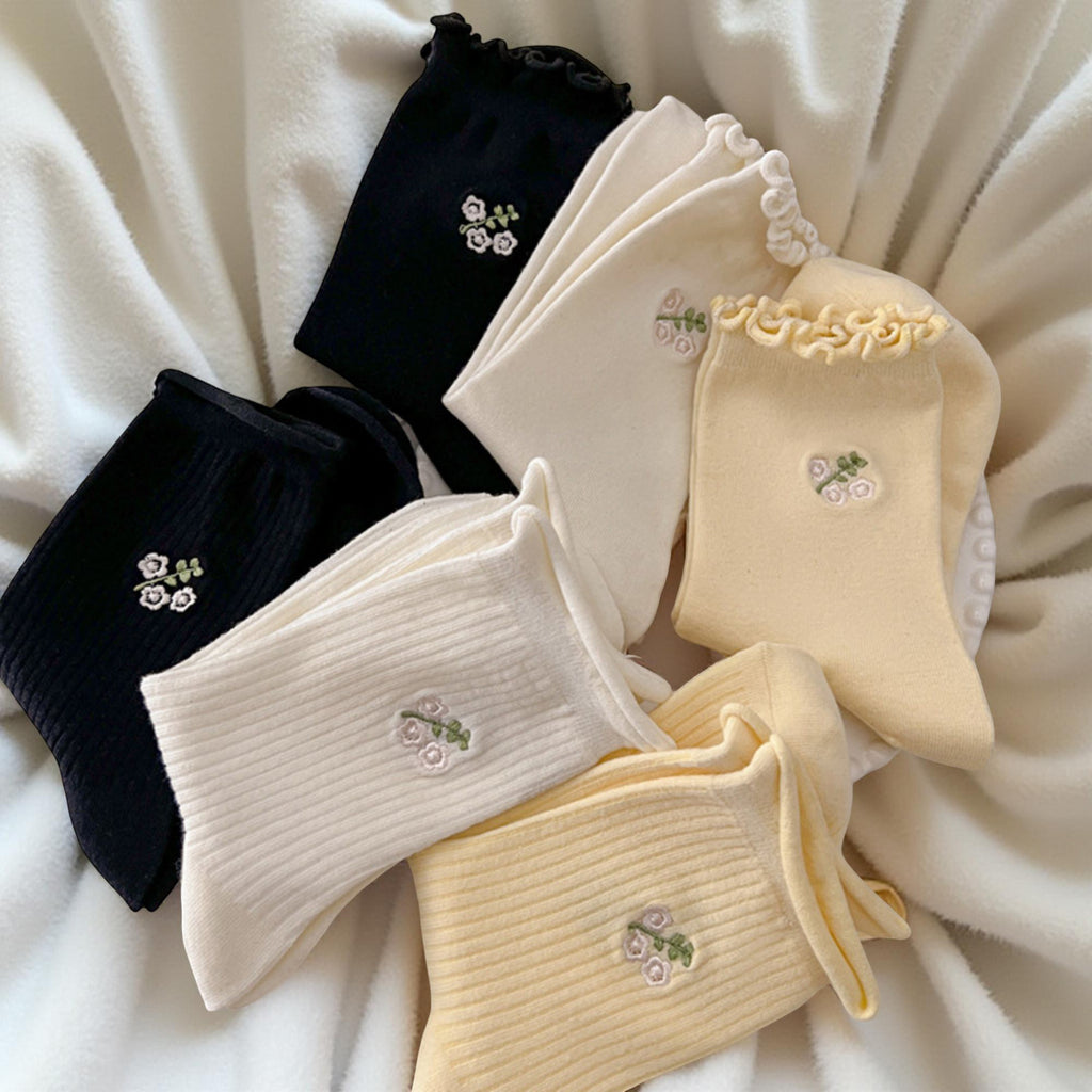 Anna-Kaci Women's 6-Pair Ribbed Crew Socks with Floral Embroidery and Ruffled Cuff Soft Everyday Socks