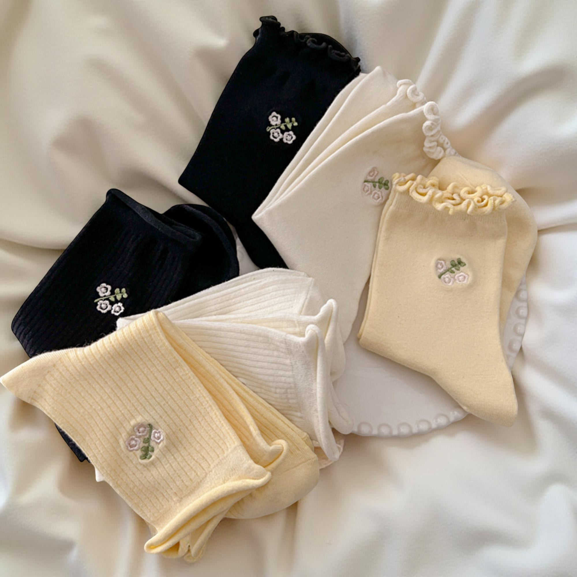 Anna-Kaci Women's 6-Pair Ribbed Crew Socks with Floral Embroidery and Ruffled Cuff Soft Everyday Socks