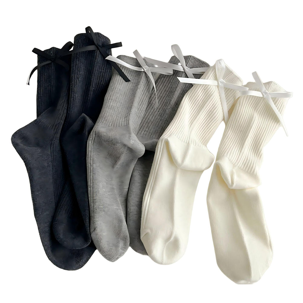 Anna-Kaci Women's 3-Pair Ribbed Crew Socks with Satin Bow Tie Cuffs Soft Stretch Everyday Socks