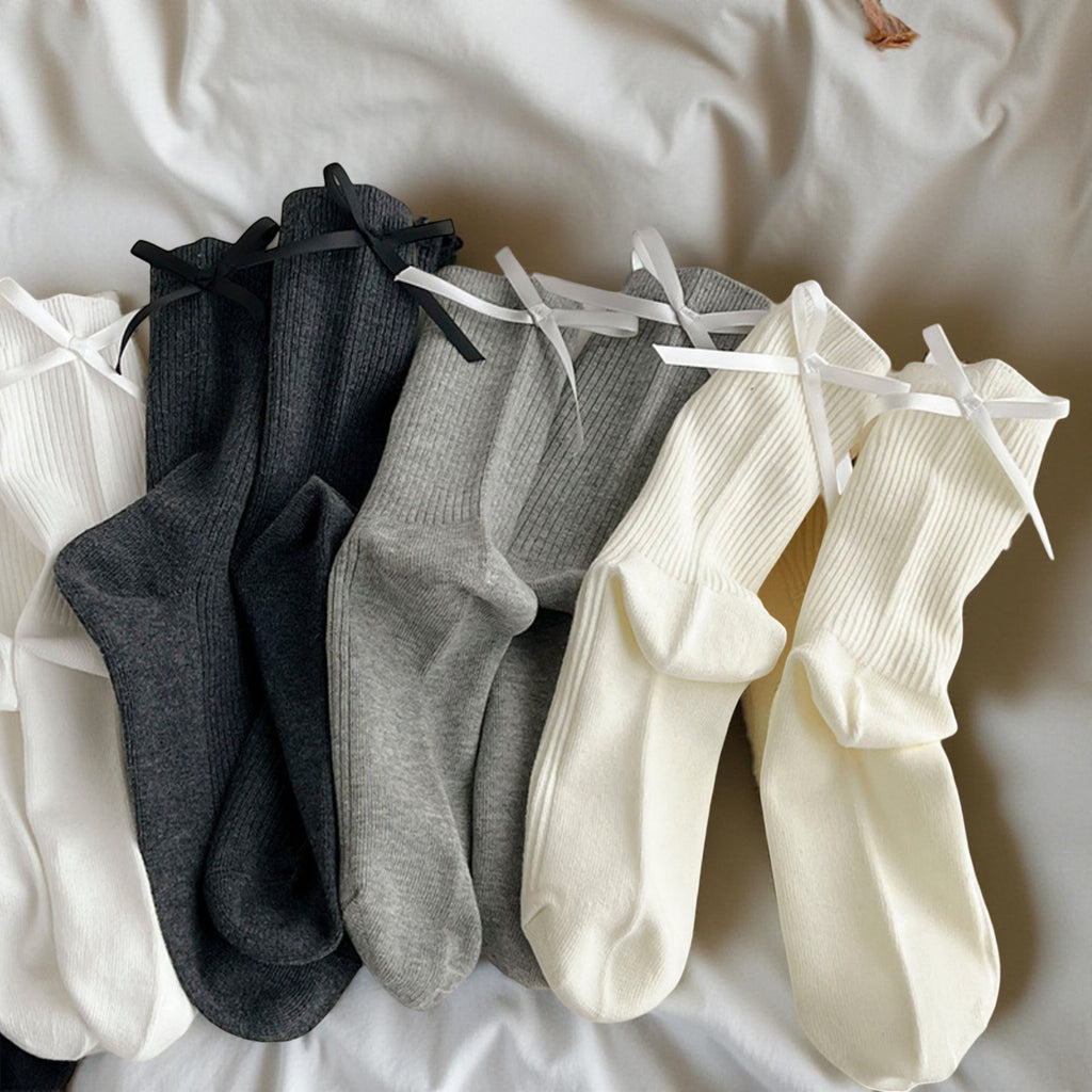 Anna-Kaci Women's 3-Pair Ribbed Crew Socks with Satin Bow Tie Cuffs Soft Stretch Everyday Socks