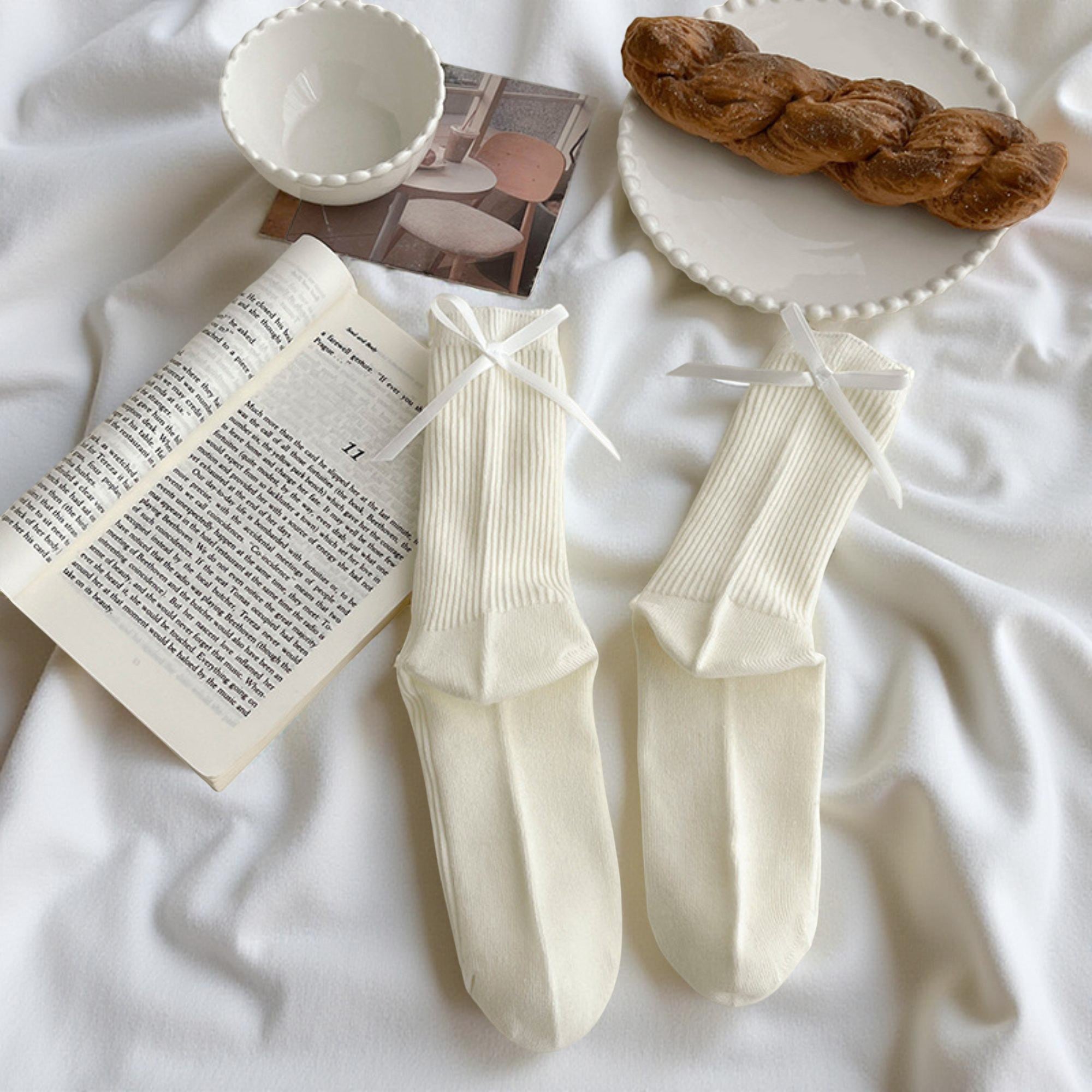 Anna-Kaci Women's 3-Pair Ribbed Crew Socks with Satin Bow Tie Cuffs Soft Stretch Everyday Socks