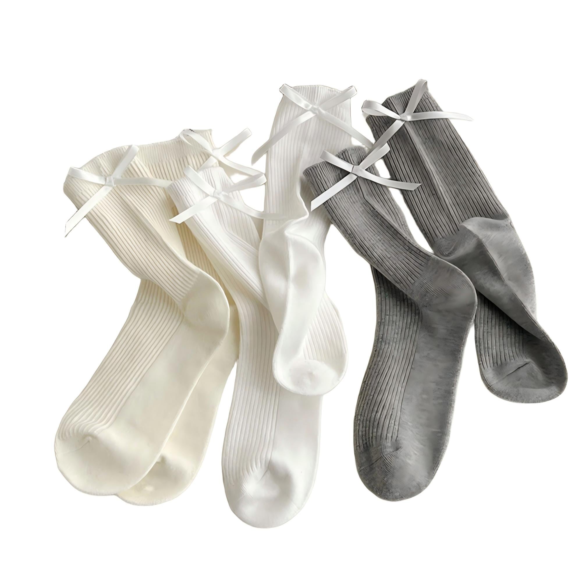 Anna-Kaci Women's 3-Pair Ribbed Crew Socks with Satin Bow Tie Cuffs Soft Stretch Everyday Socks