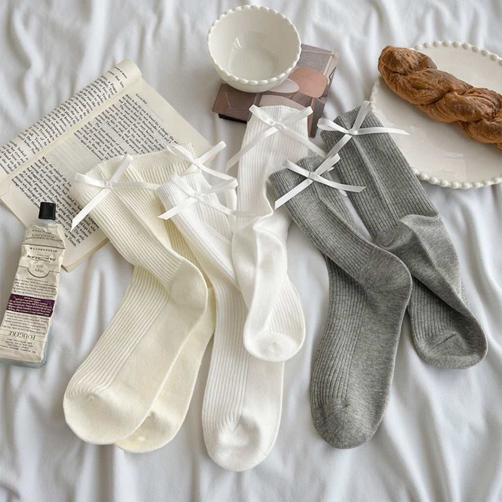 Anna-Kaci Women's 3-Pair Ribbed Crew Socks with Satin Bow Tie Cuffs Soft Stretch Everyday Socks