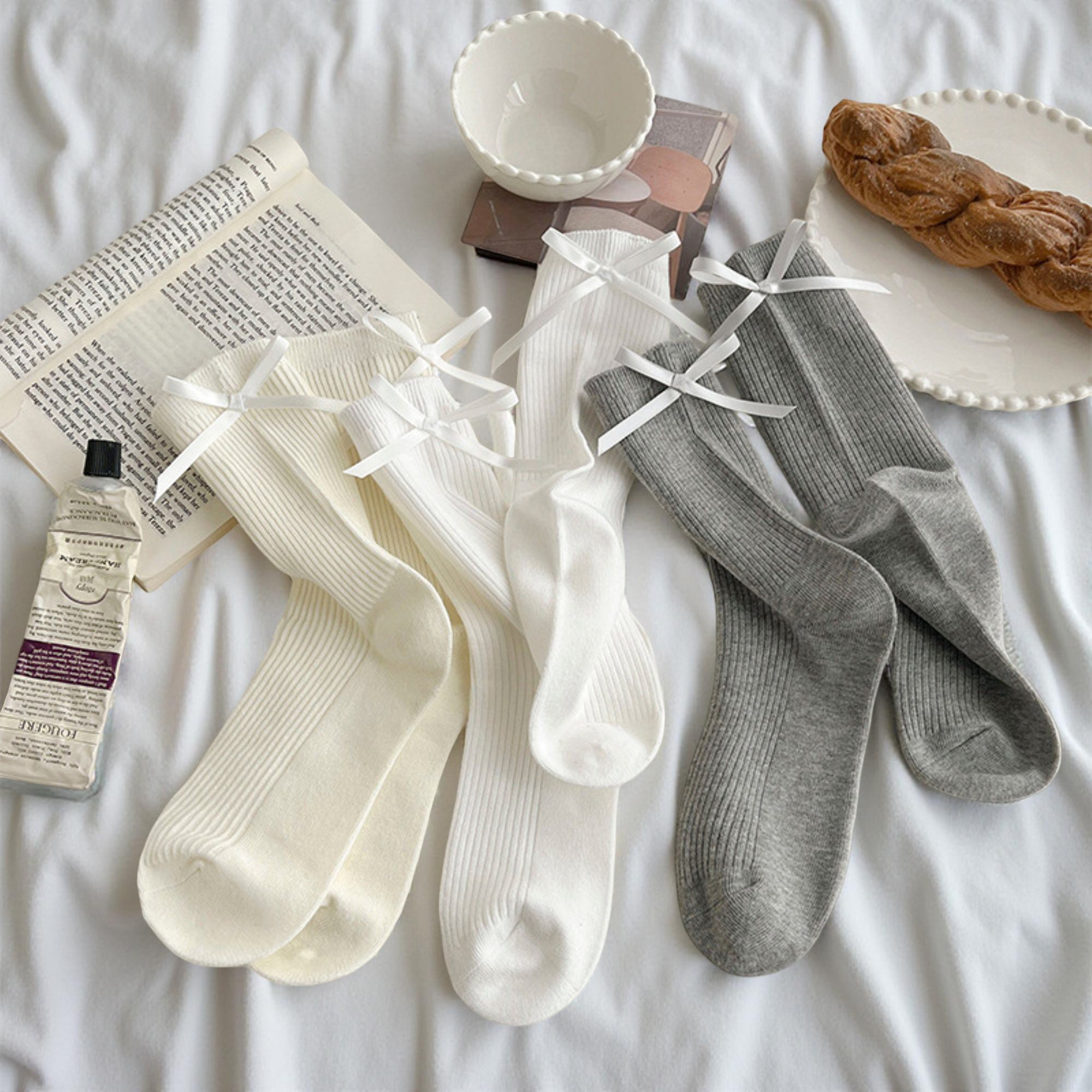 Anna-Kaci Women's 3-Pair Ribbed Crew Socks with Satin Bow Tie Cuffs Soft Stretch Everyday Socks