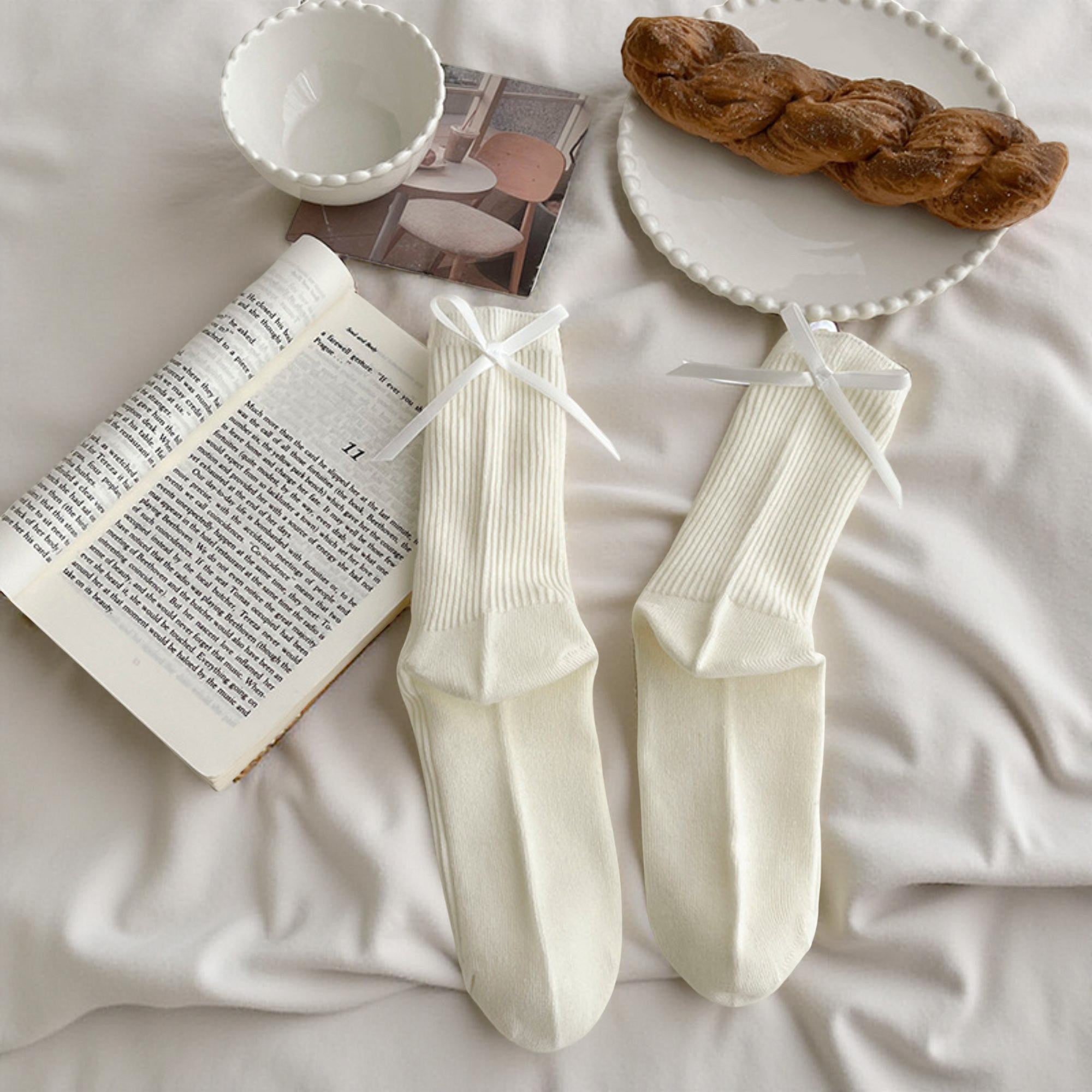 Anna-Kaci Women's 3-Pair Ribbed Crew Socks with Satin Bow Tie Cuffs Soft Stretch Everyday Socks