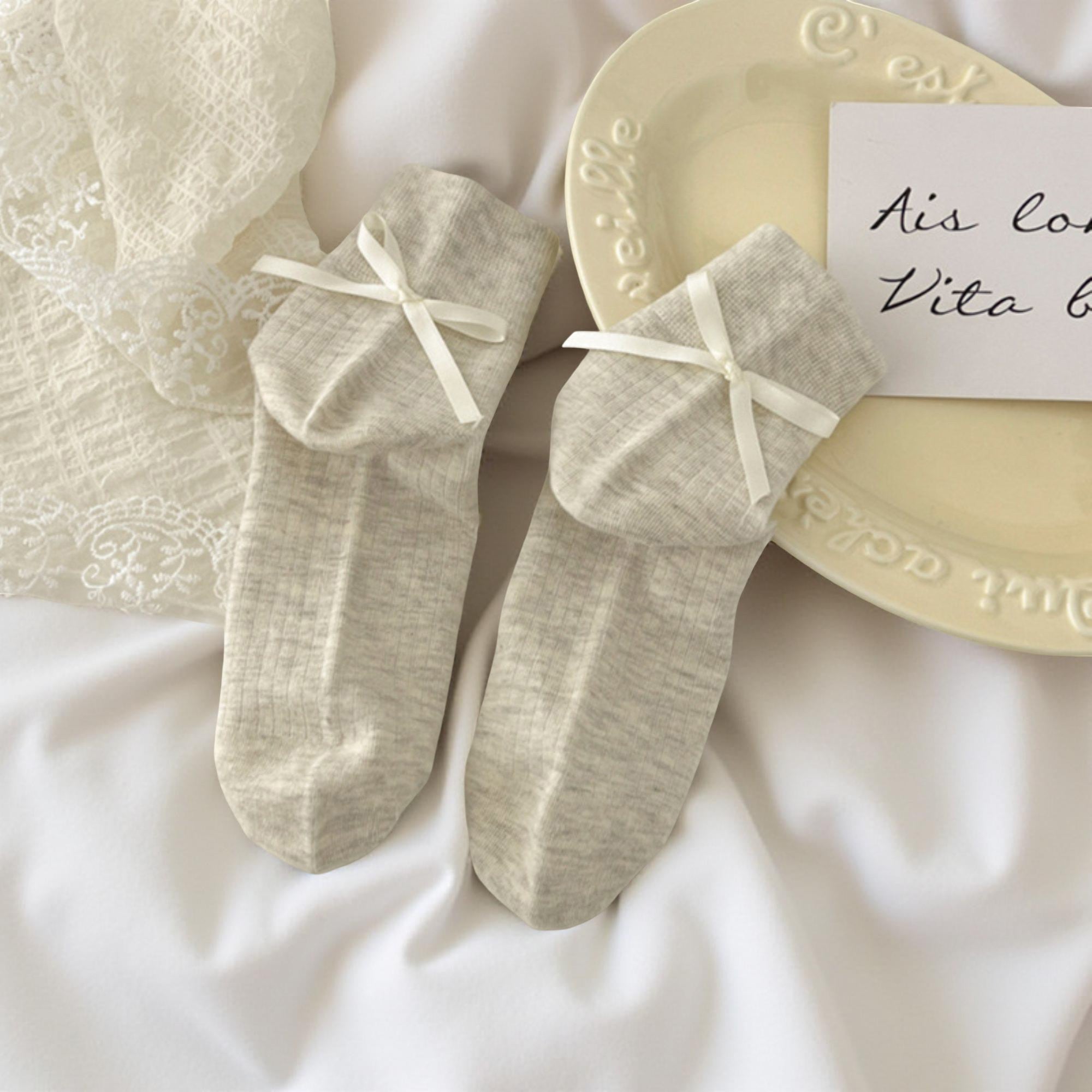 Anna-Kaci Women's 3-Pair Ribbed Crew Socks with Satin Bow Detail Soft Stretch Everyday Comfort