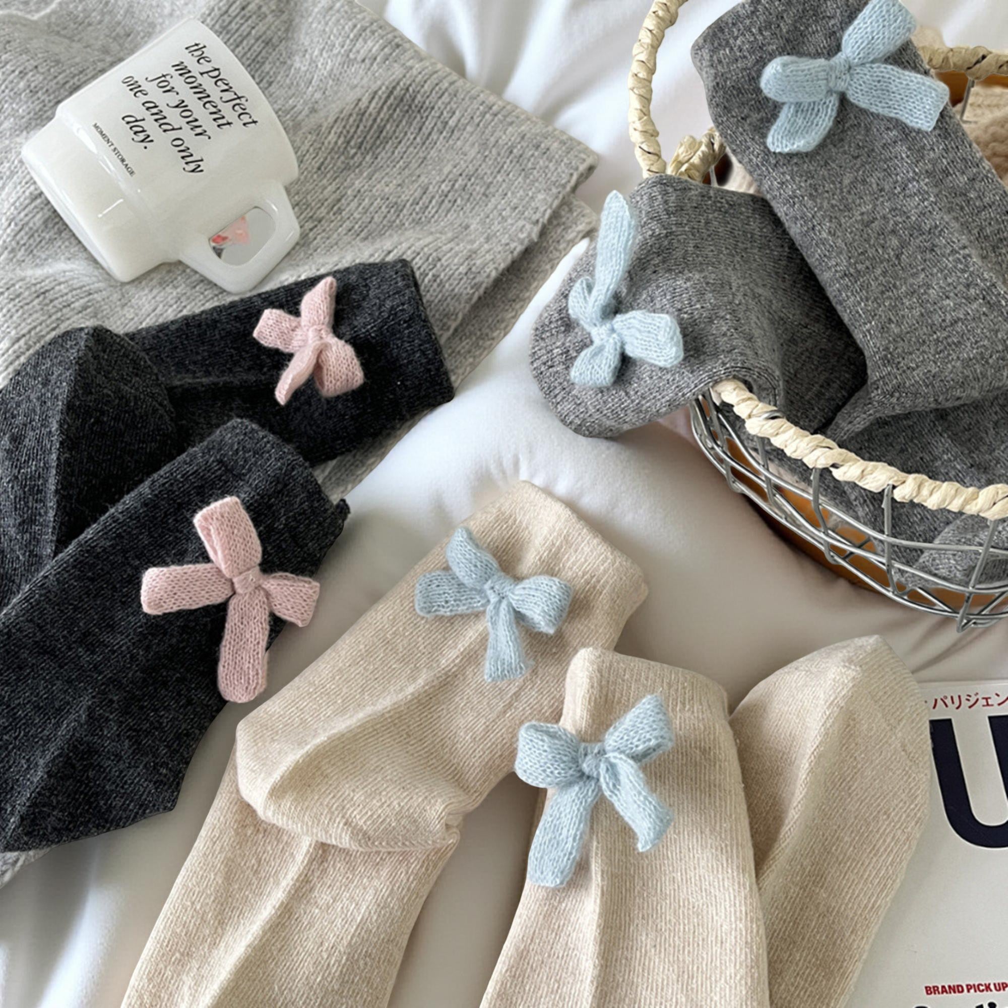 Anna-Kaci Women's 3-Pair Soft Knit Crew Socks with Contrast Bow Detail Comfortable Stretch Fit