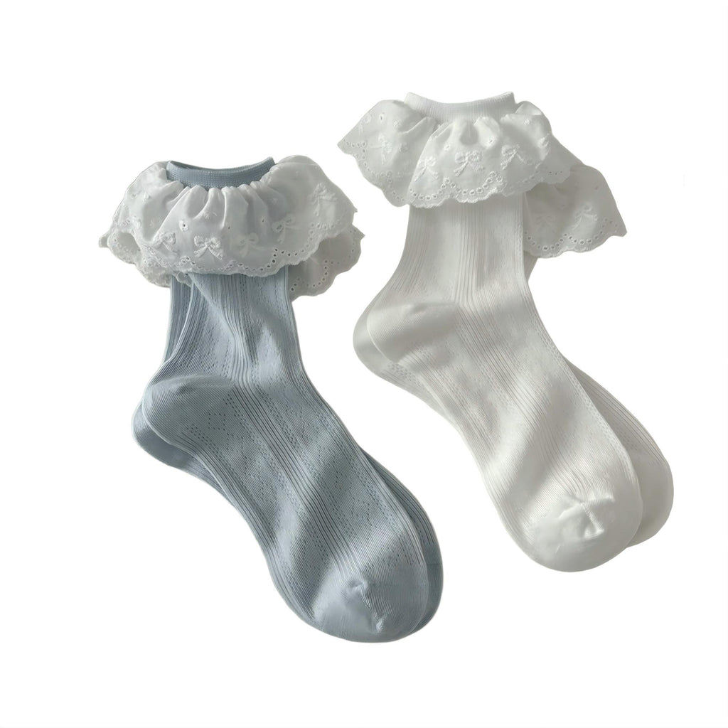 Anna-Kaci Women's 2-Pair Ruffle Lace Trim Crew Socks with Soft Stretch Fabric Decorative Eyelet Detail and Dressy Comfort Fit