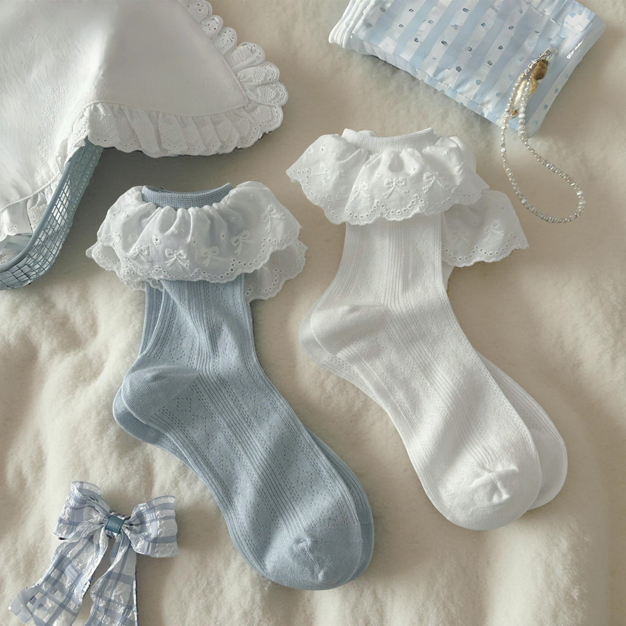 Anna-Kaci Women's 2-Pair Ruffle Lace Trim Crew Socks with Soft Stretch Fabric Decorative Eyelet Detail and Dressy Comfort Fit