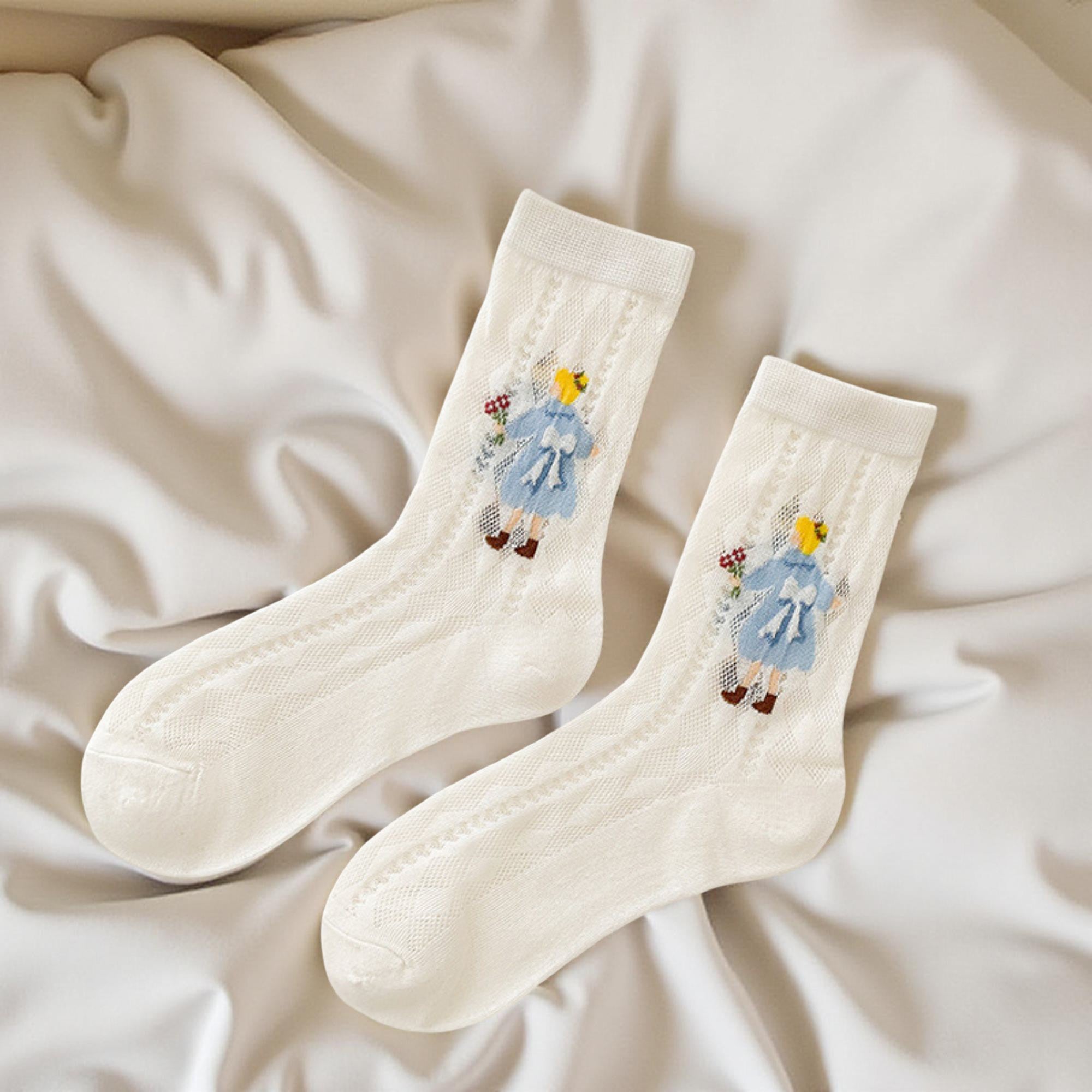 Anna-Kaci Women's 2-Pair Sheer Crew Socks with Illustrated Girl Motif Soft Stretch Fabric and Lightweight Dressy Finish