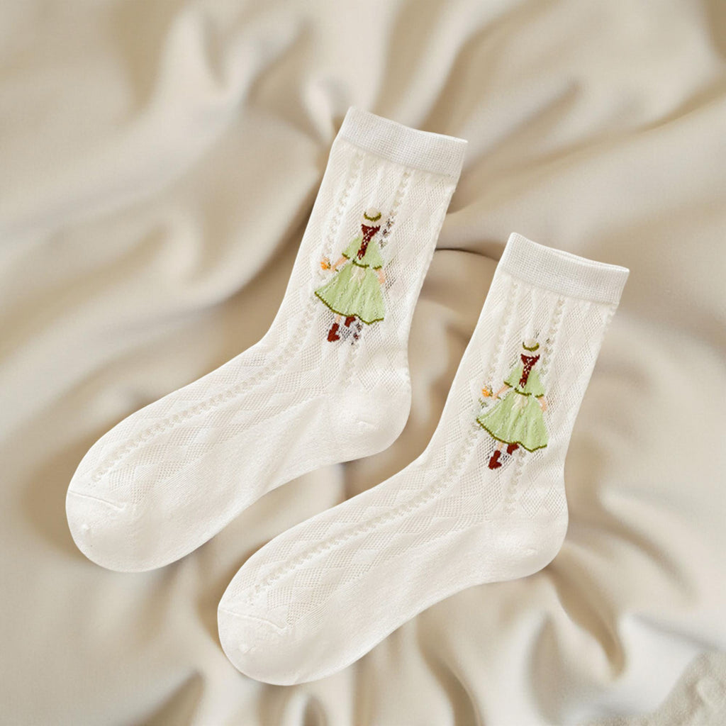 Anna-Kaci Women's 2-Pair Sheer Crew Socks with Illustrated Girl Motif Soft Stretch Fabric and Lightweight Dressy Finish