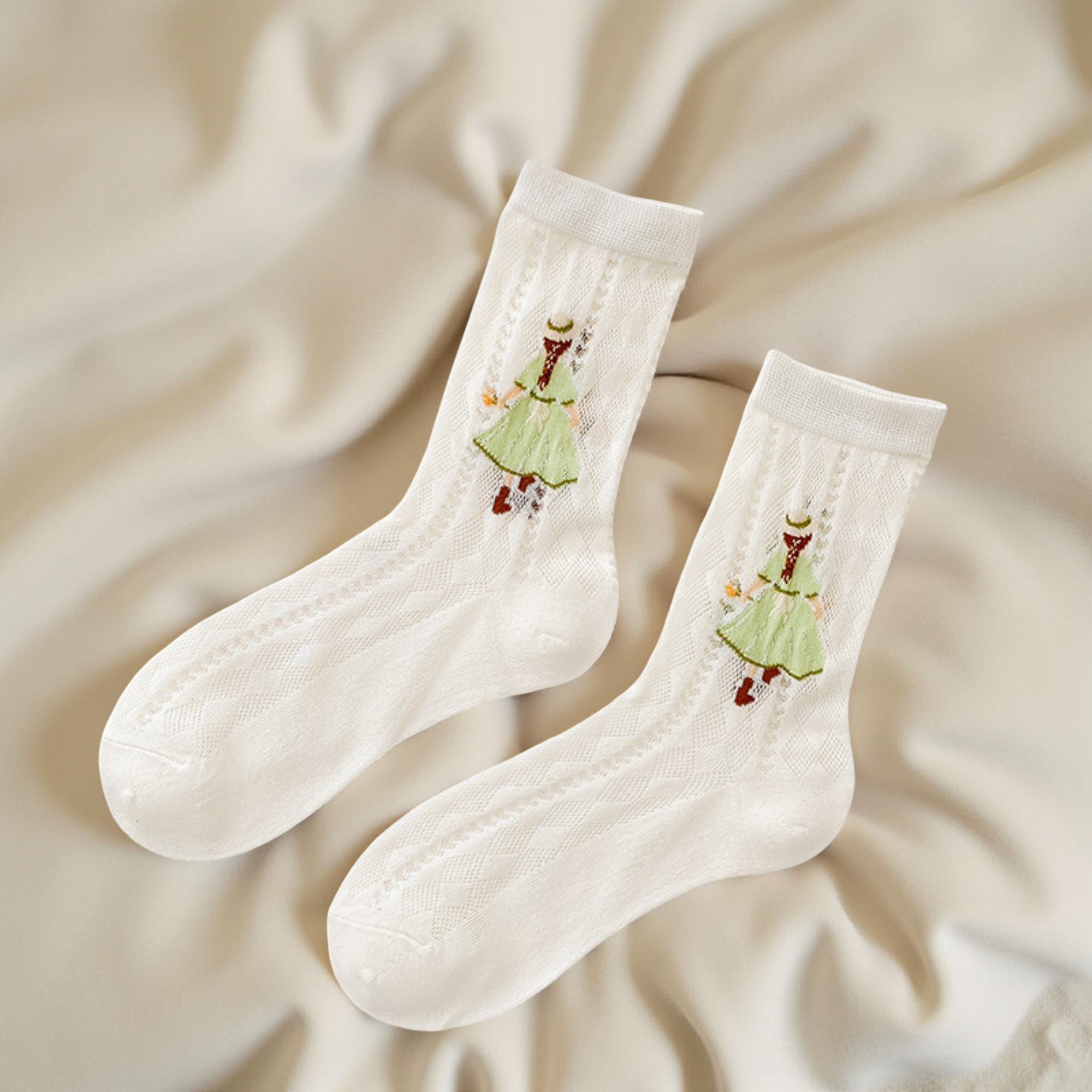 Anna-Kaci Women's 2-Pair Sheer Crew Socks with Illustrated Girl Motif Soft Stretch Fabric and Lightweight Dressy Finish