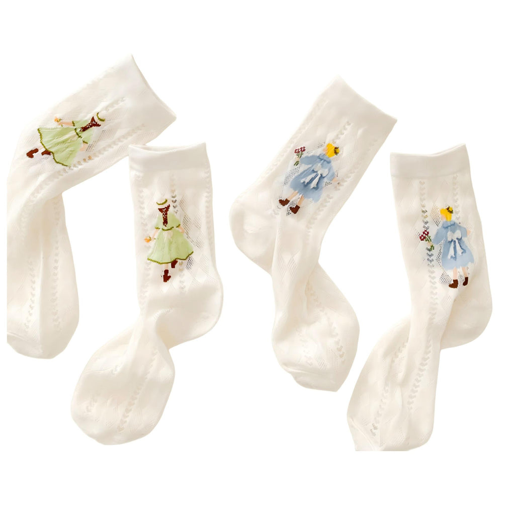Anna-Kaci Women's 2-Pair Sheer Crew Socks with Illustrated Girl Motif Soft Stretch Fabric and Lightweight Dressy Finish