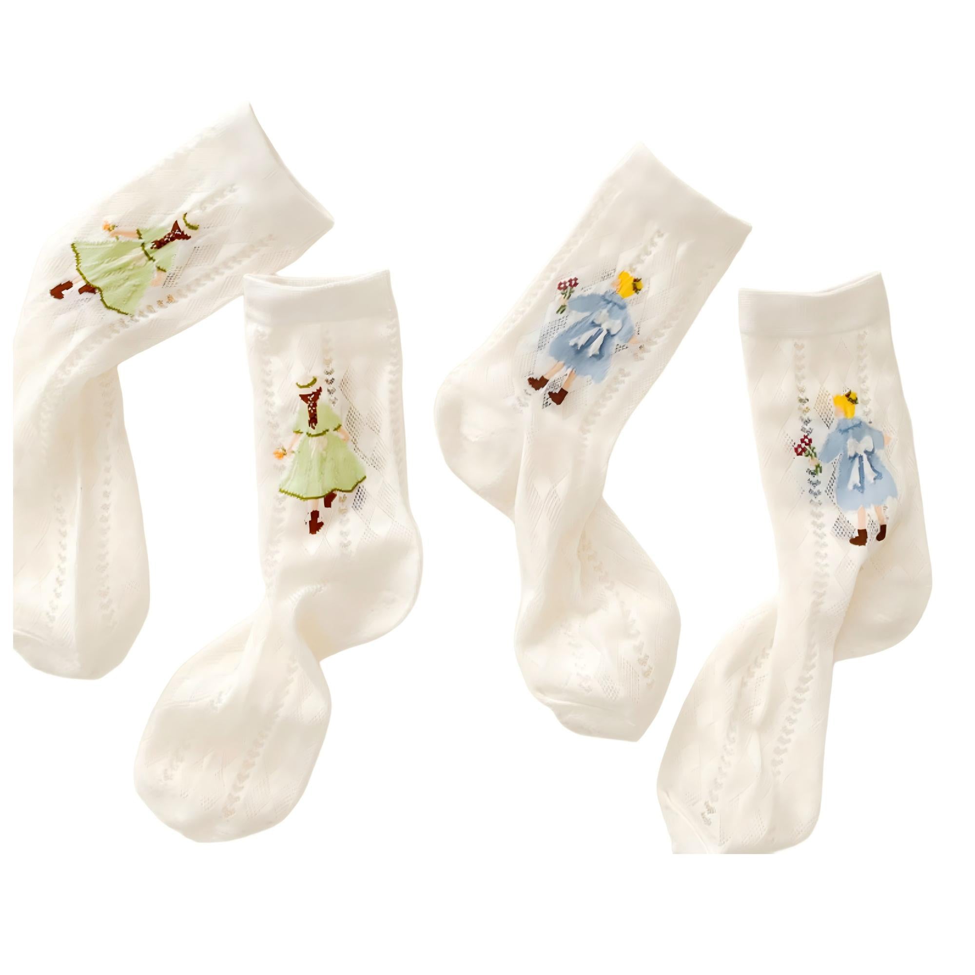 Anna-Kaci Women's 2-Pair Sheer Crew Socks with Illustrated Girl Motif Soft Stretch Fabric and Lightweight Dressy Finish