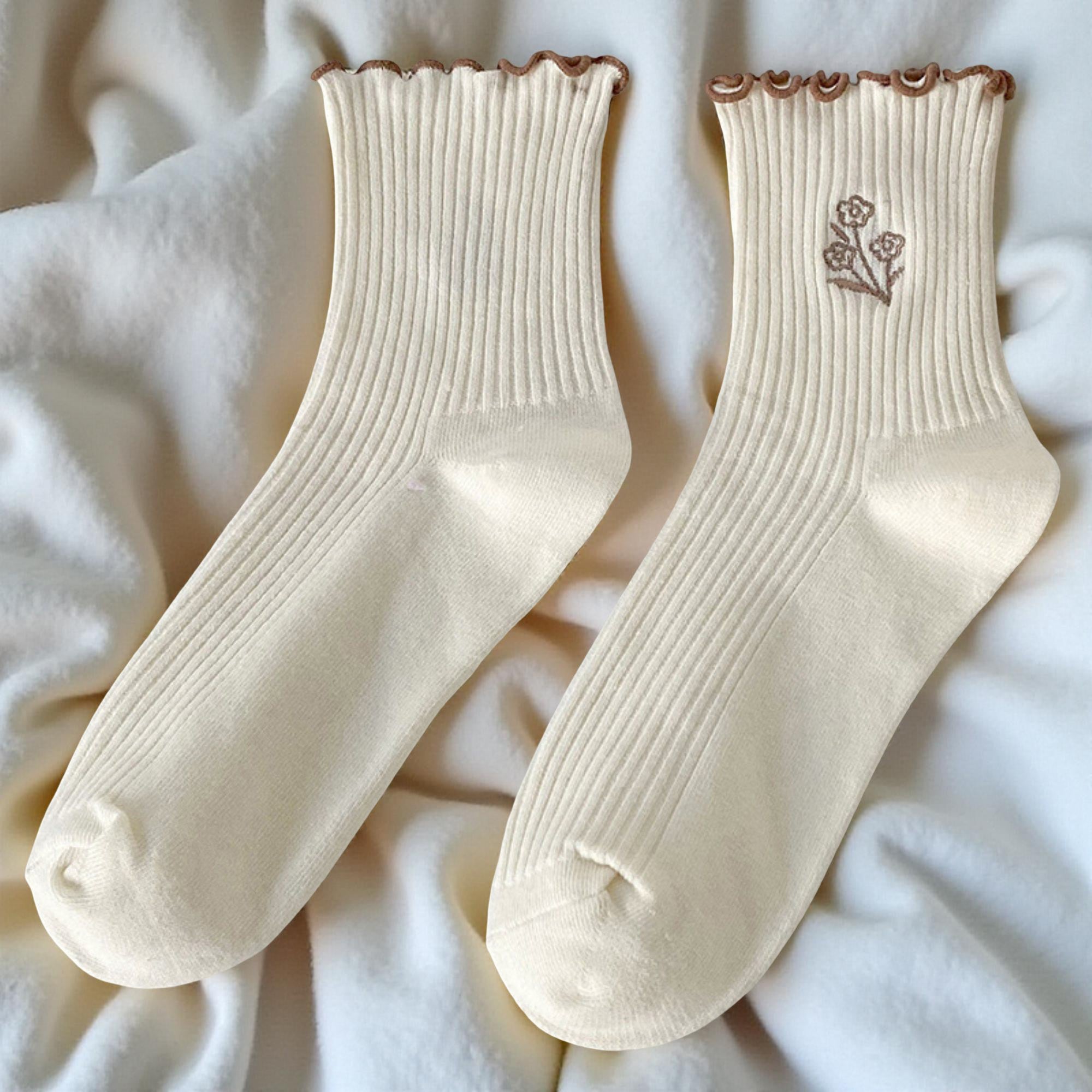 Anna-Kaci Women's 6-Pair Ribbed Crew Socks Set with Floral Embroidery Ruffle Trim Soft Stretch Fabric and Everyday Comfort Fit