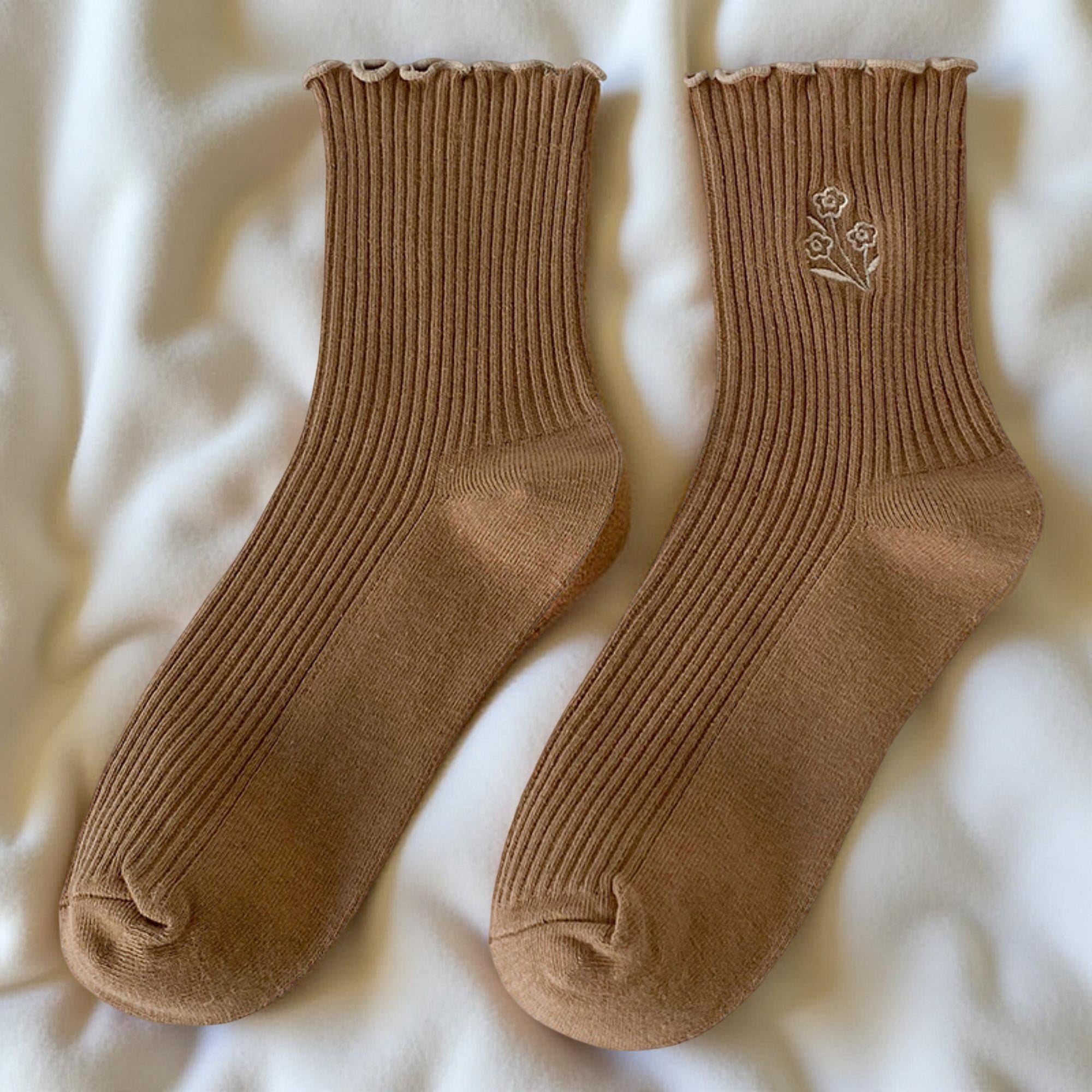 Anna-Kaci Women's 6-Pair Ribbed Crew Socks Set with Floral Embroidery Ruffle Trim Soft Stretch Fabric and Everyday Comfort Fit