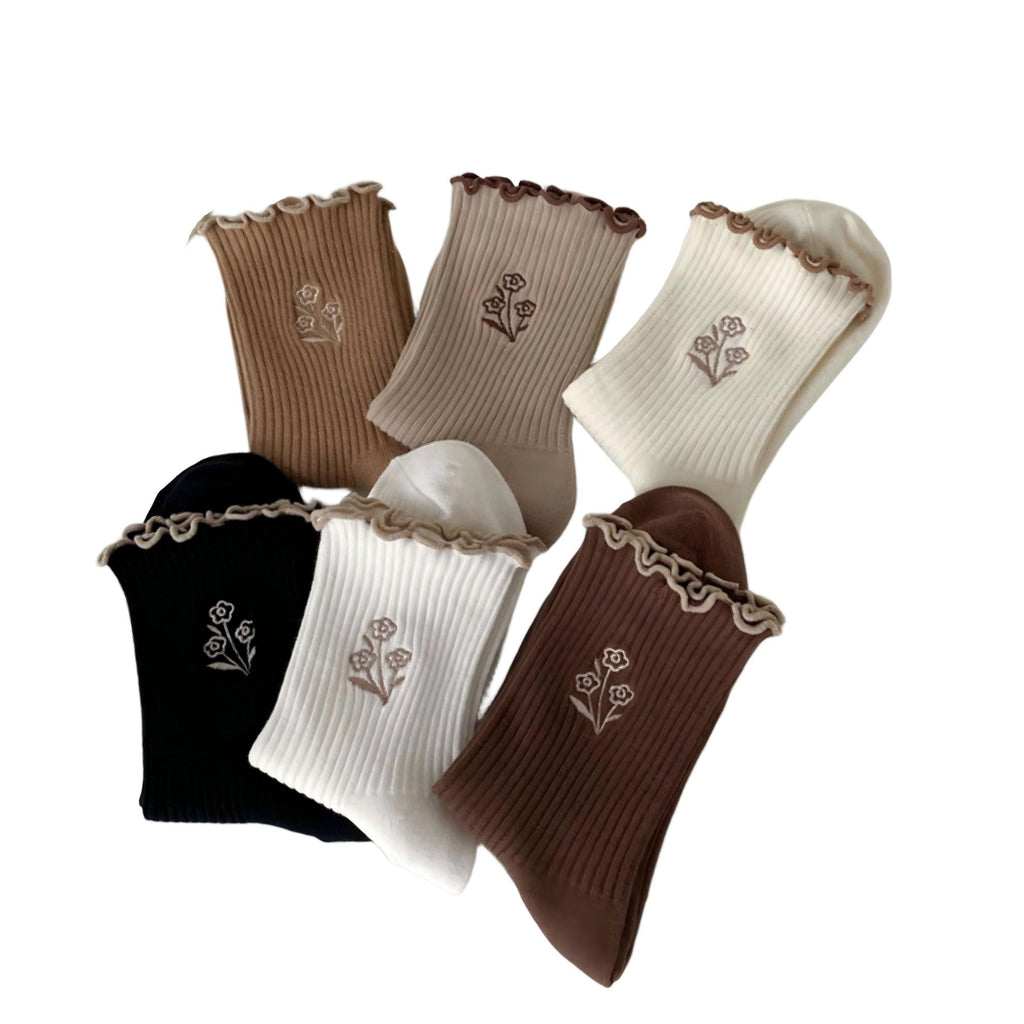 Anna-Kaci Women's 6-Pair Ribbed Crew Socks Set with Floral Embroidery Ruffle Trim Soft Stretch Fabric and Everyday Comfort Fit