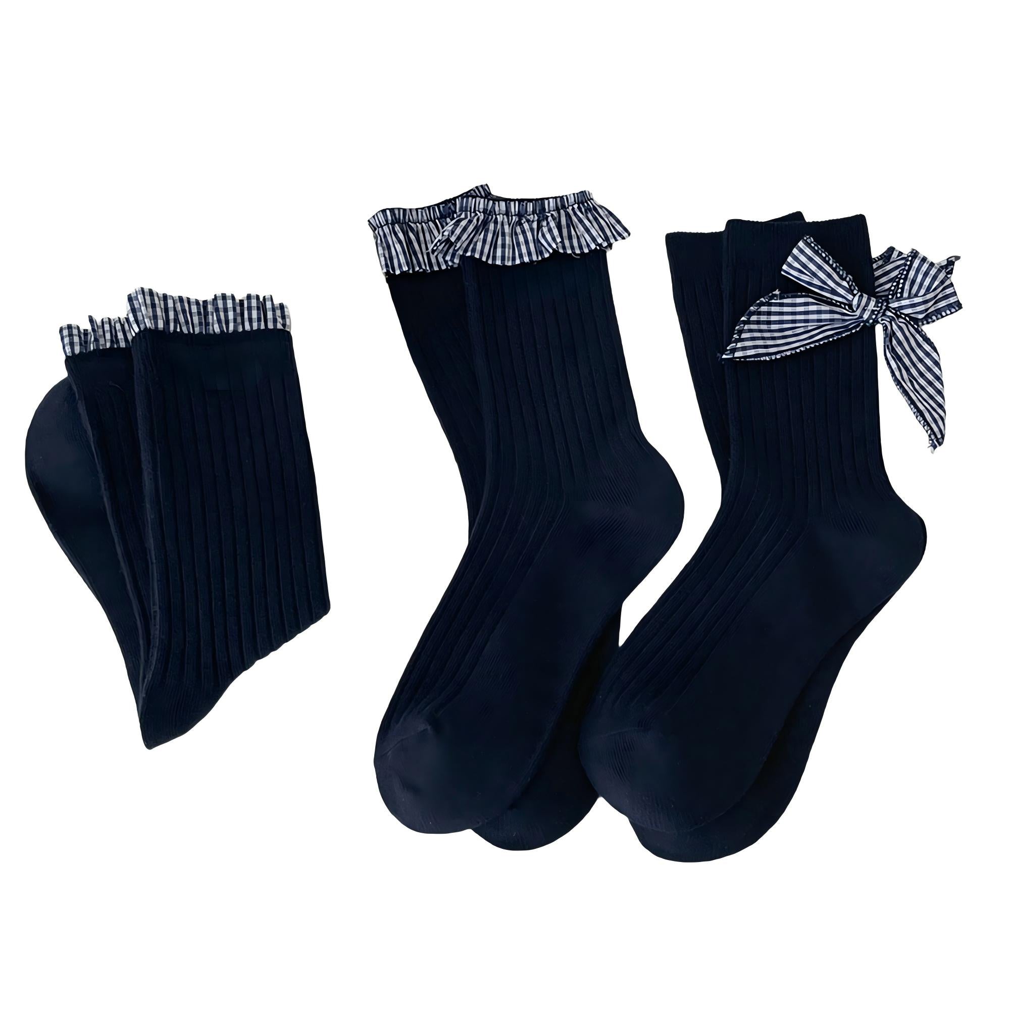Anna-Kaci Women's 3-Pair Ribbed Crew Socks Set with Ruffle Trim Bow Accent Soft Stretch Fabric and Classic Everyday Fit