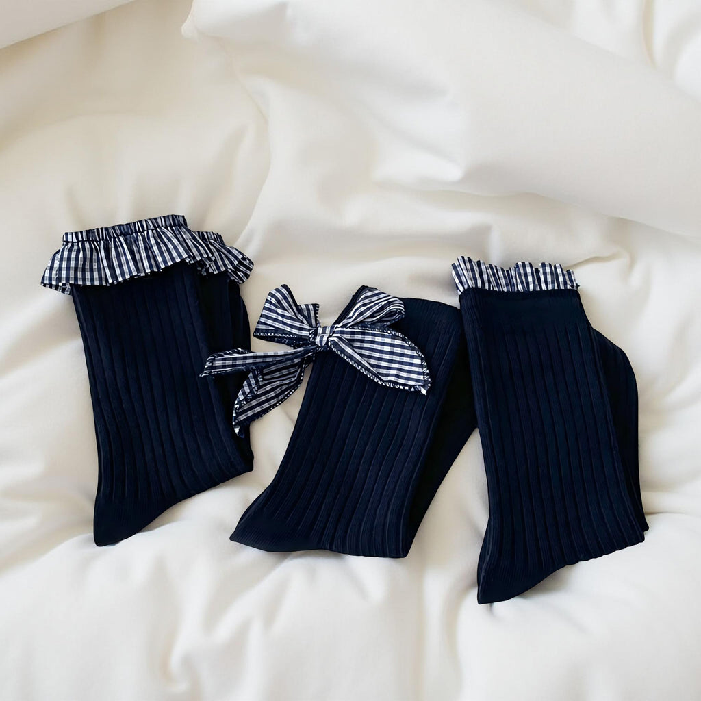 Anna-Kaci Women's 3-Pair Ribbed Crew Socks Set with Ruffle Trim Bow Accent Soft Stretch Fabric and Classic Everyday Fit