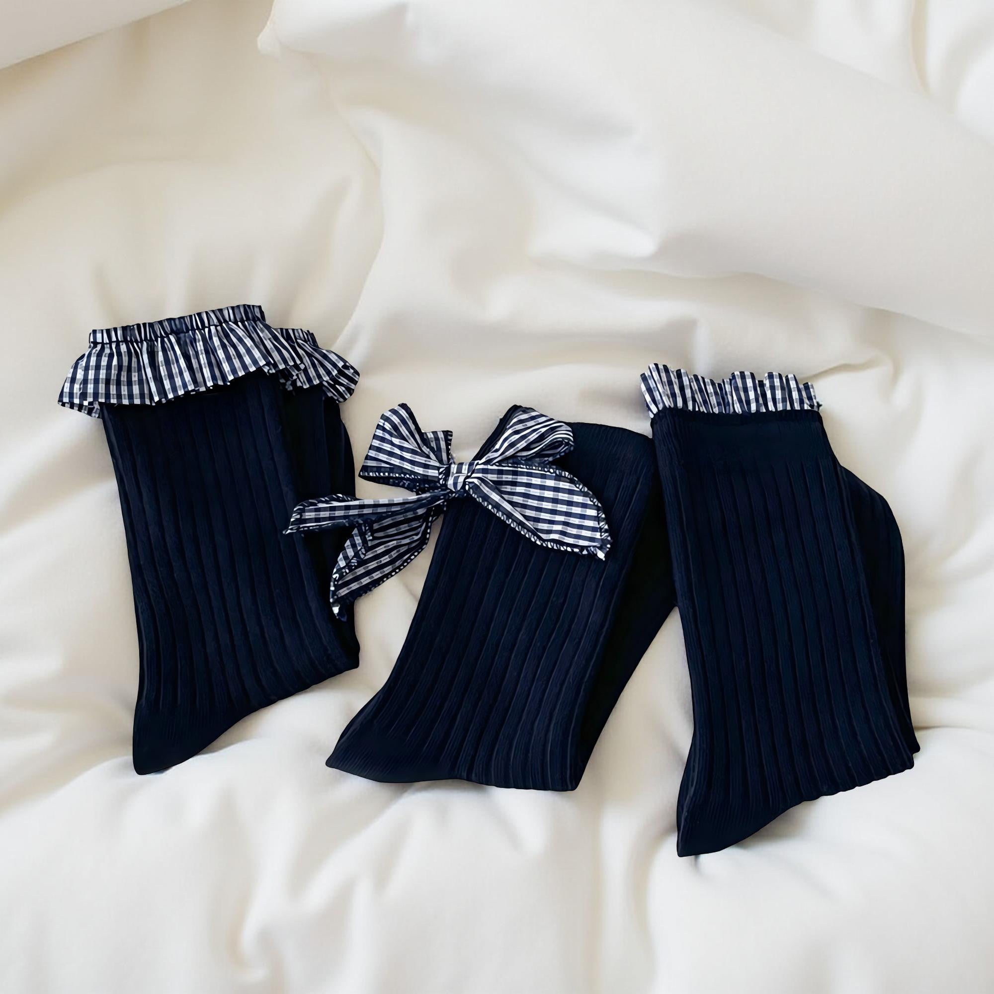 Anna-Kaci Women's 3-Pair Ribbed Crew Socks Set with Ruffle Trim Bow Accent Soft Stretch Fabric and Classic Everyday Fit