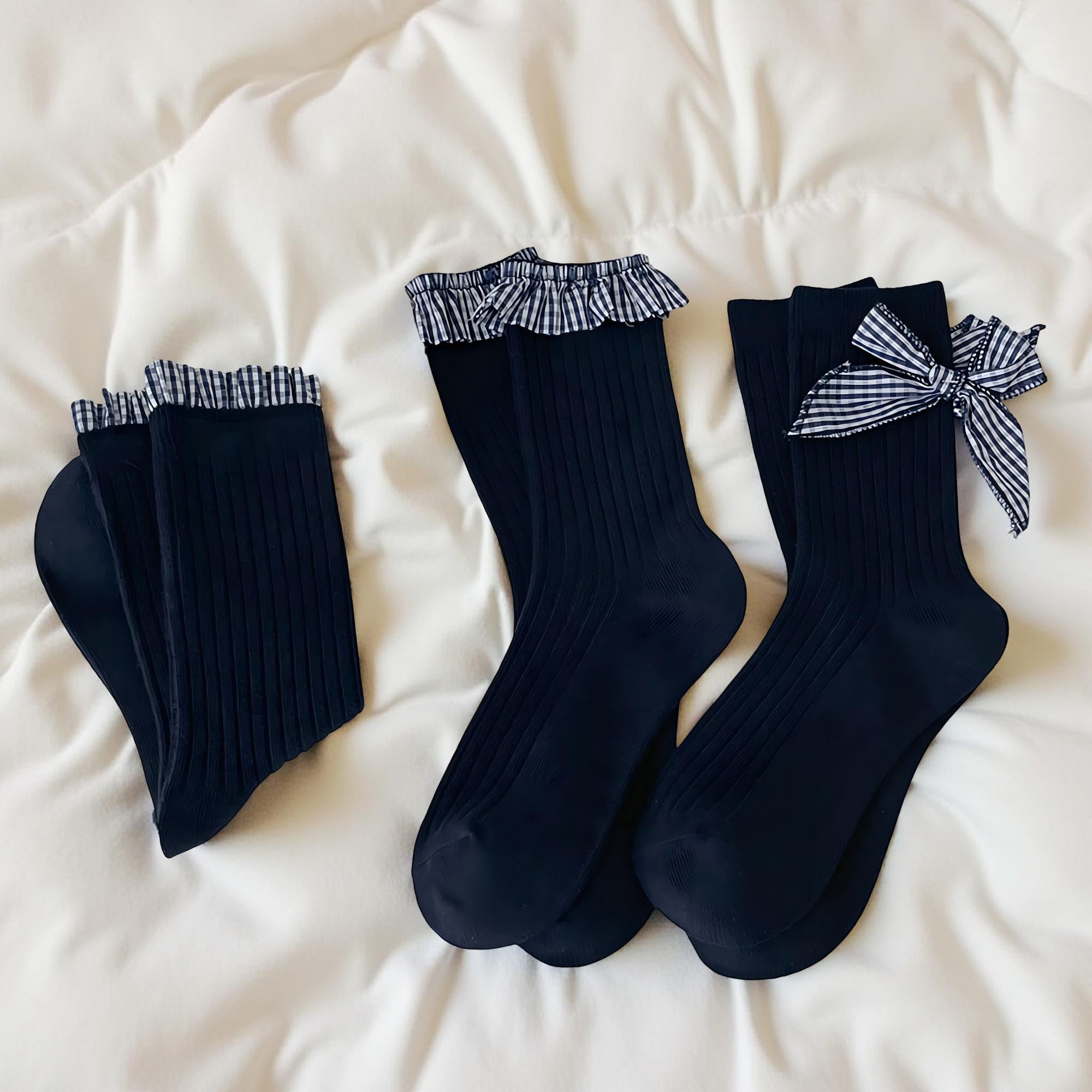 Anna-Kaci Women's 3-Pair Ribbed Crew Socks Set with Ruffle Trim Bow Accent Soft Stretch Fabric and Classic Everyday Fit