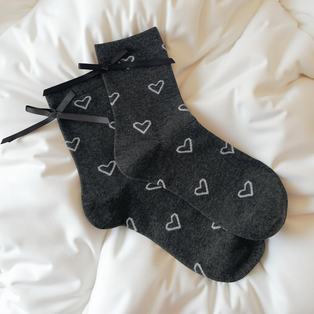 Anna-Kaci Women's 3-Pair Sheer Crew Socks Set with Heart Pattern Lace Trim Ribbon Tie Detail Soft Stretch Fabric