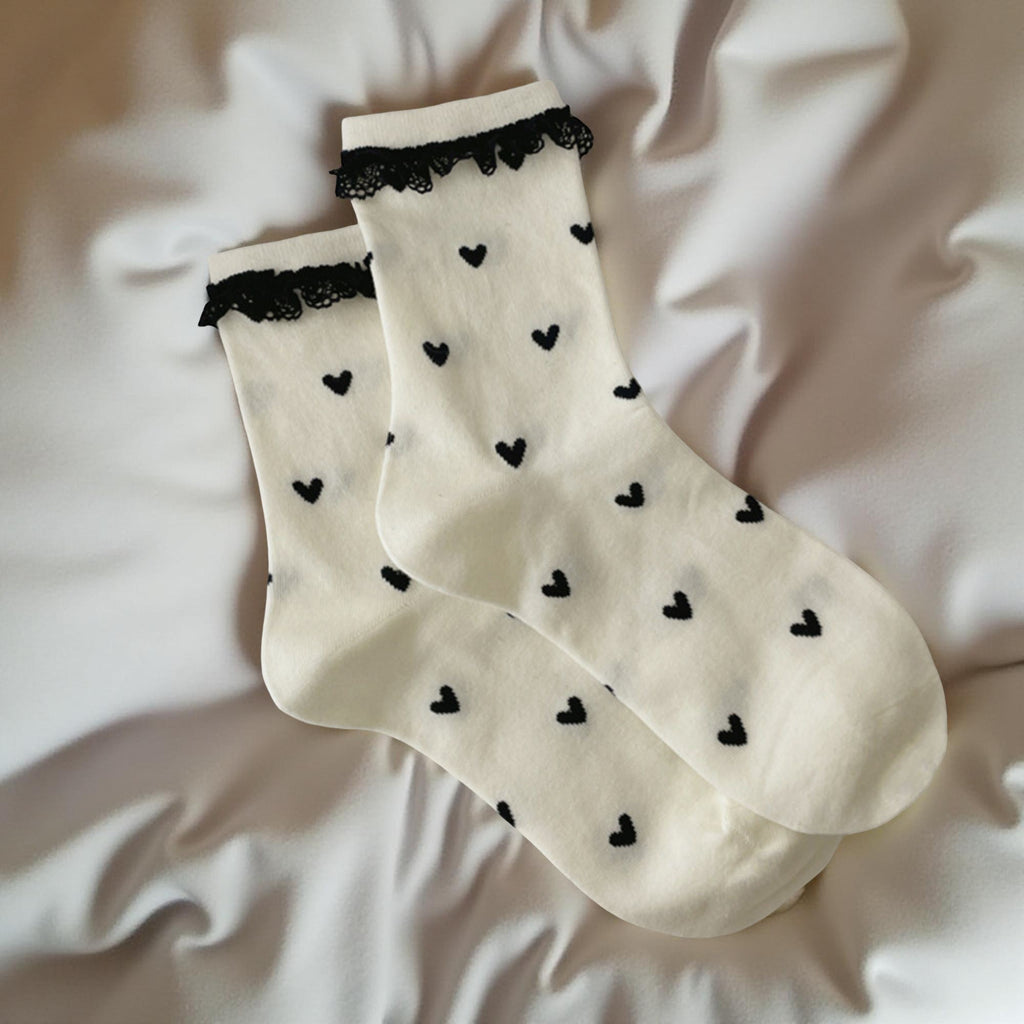 Anna-Kaci Women's 3-Pair Sheer Crew Socks Set with Heart Pattern Lace Trim Ribbon Tie Detail Soft Stretch Fabric