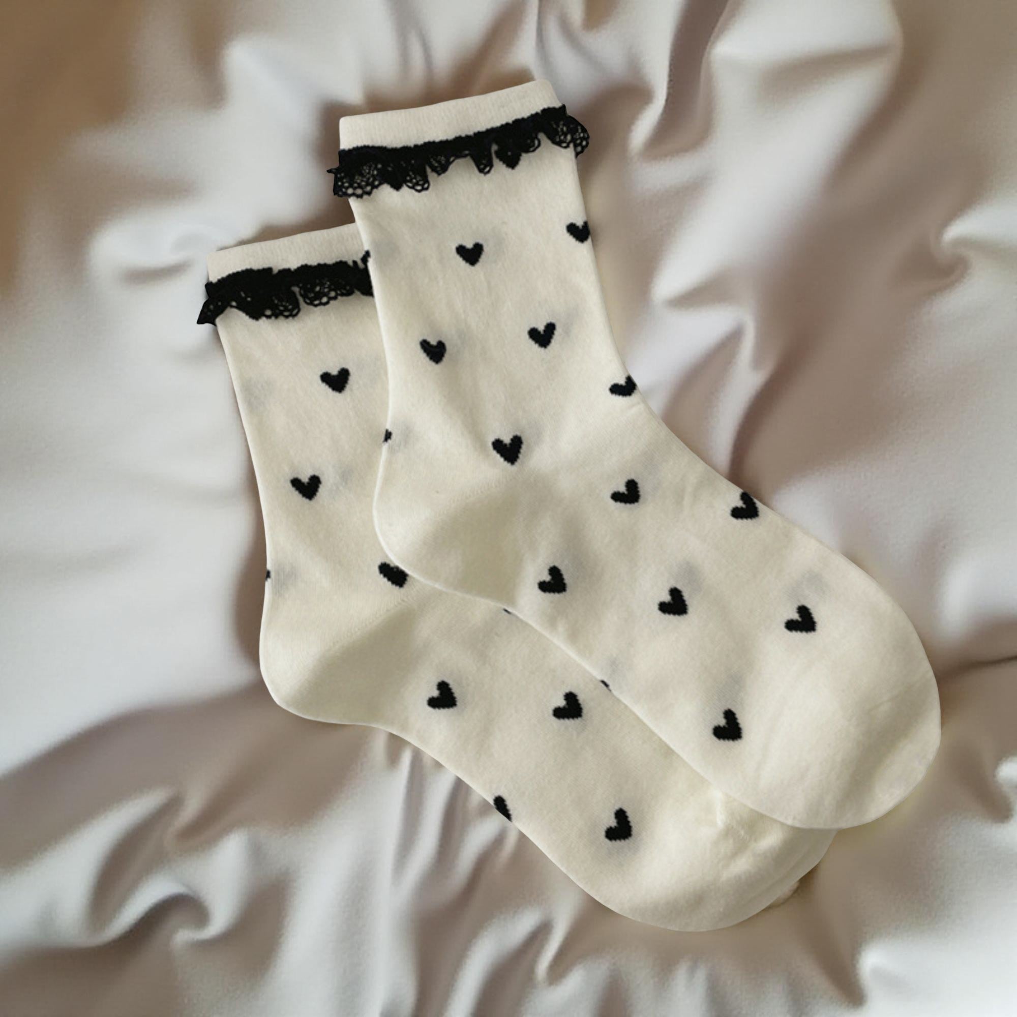 Anna-Kaci Women's 3-Pair Sheer Crew Socks Set with Heart Pattern Lace Trim Ribbon Tie Detail Soft Stretch Fabric