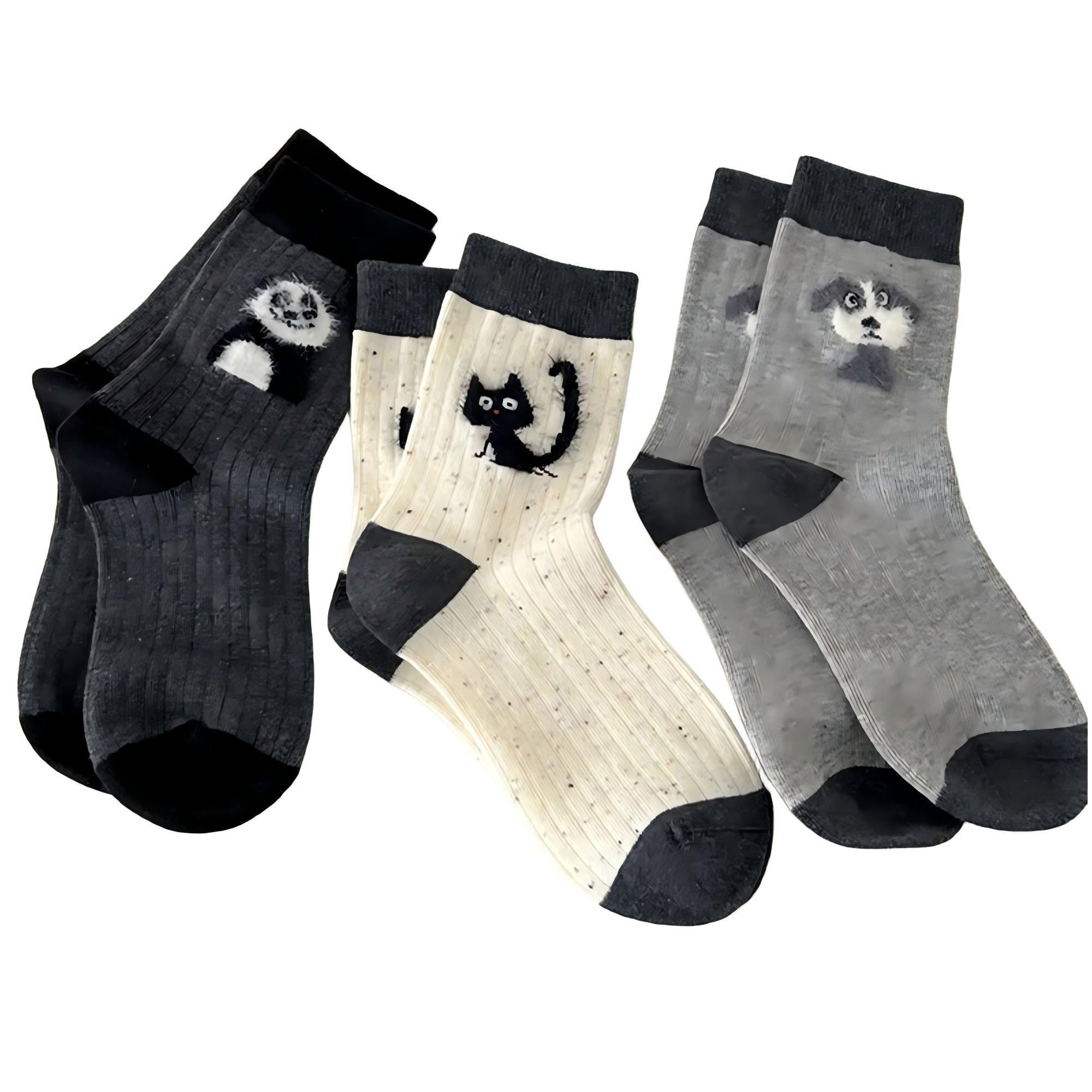 Anna-Kaci Women's 3-Pair Ribbed Crew Socks Set with Playful Animal Motifs Soft Stretch Fabric Everyday Fashion Socks