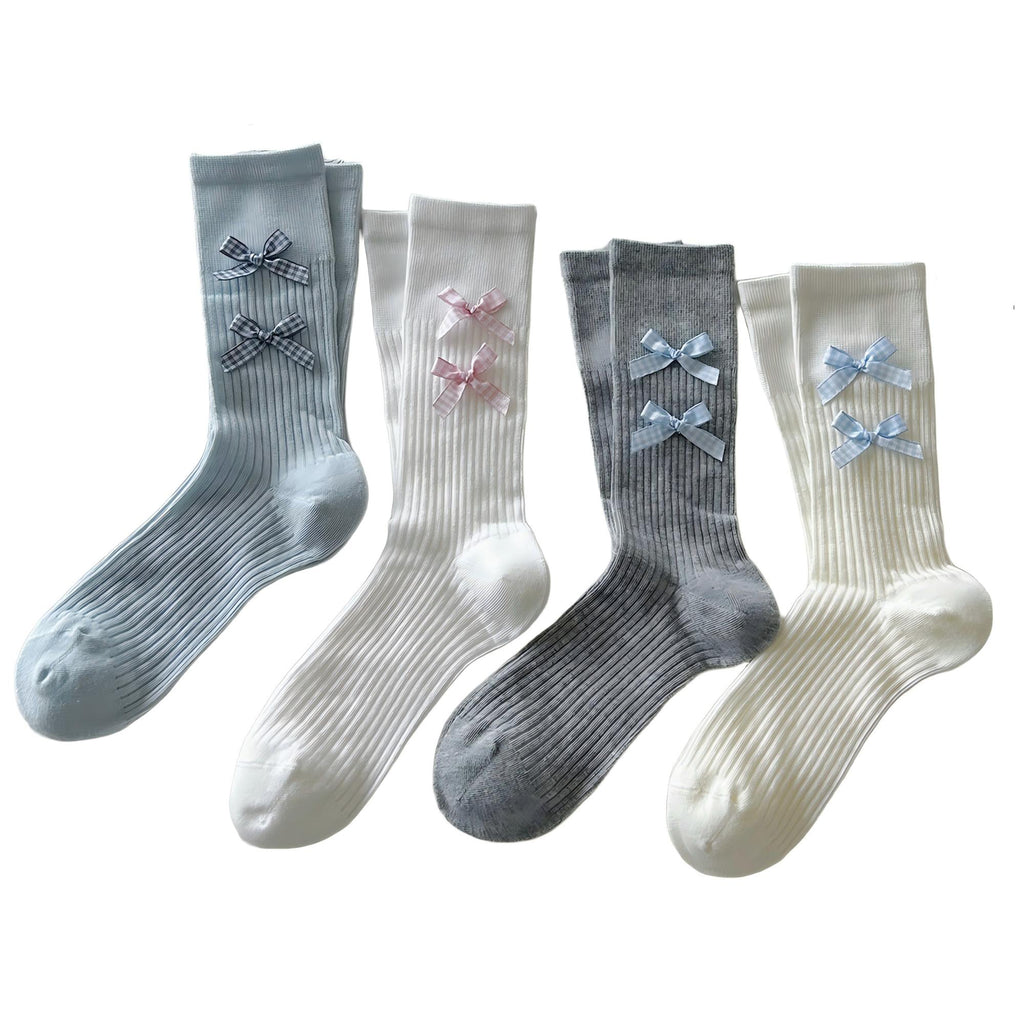 Anna-Kaci Women's 4-Pair Ribbed Crew Socks with Bow Details Soft Stretch Knit Classic Everyday Style