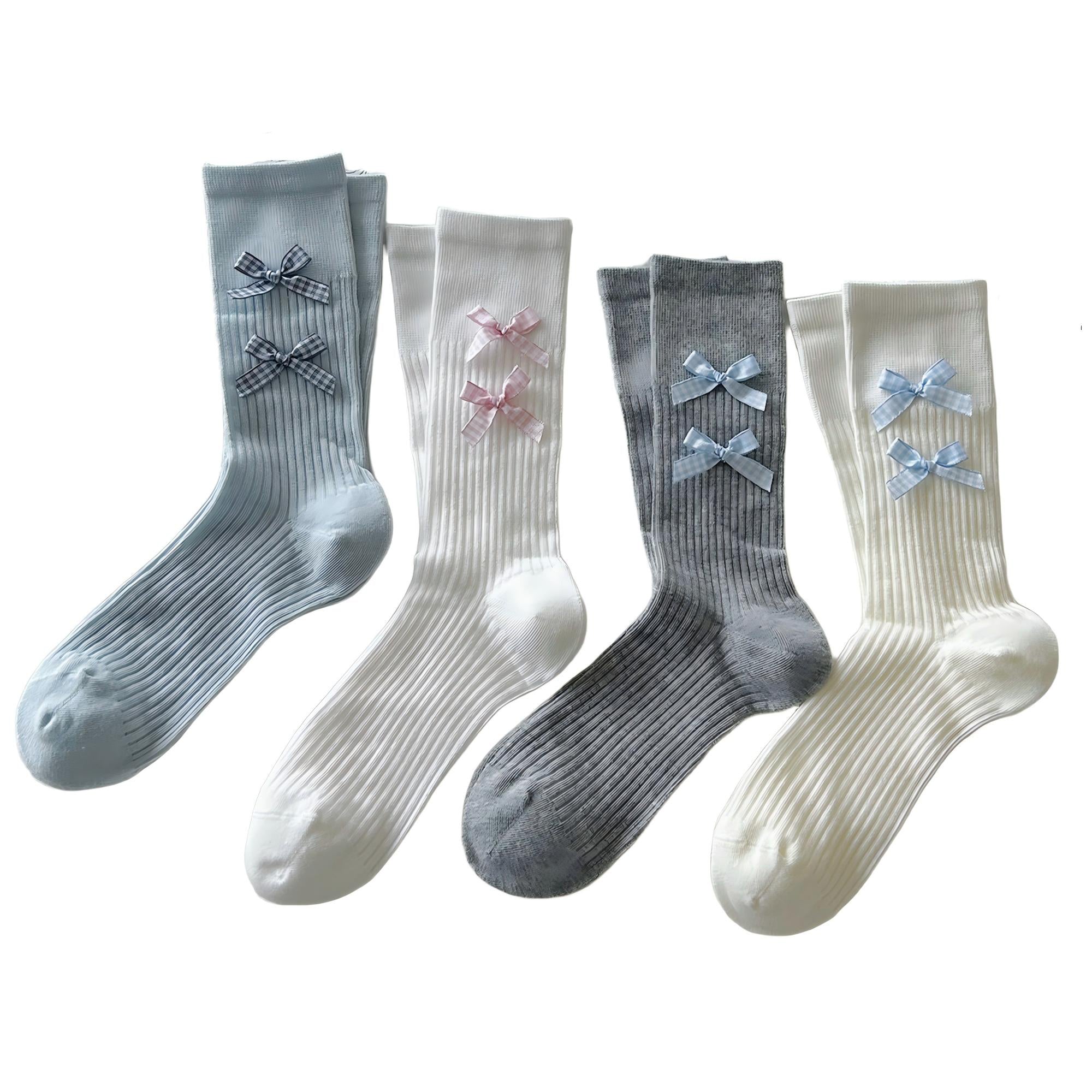 Anna-Kaci Women's 4-Pair Ribbed Crew Socks with Bow Details Soft Stretch Knit Classic Everyday Style