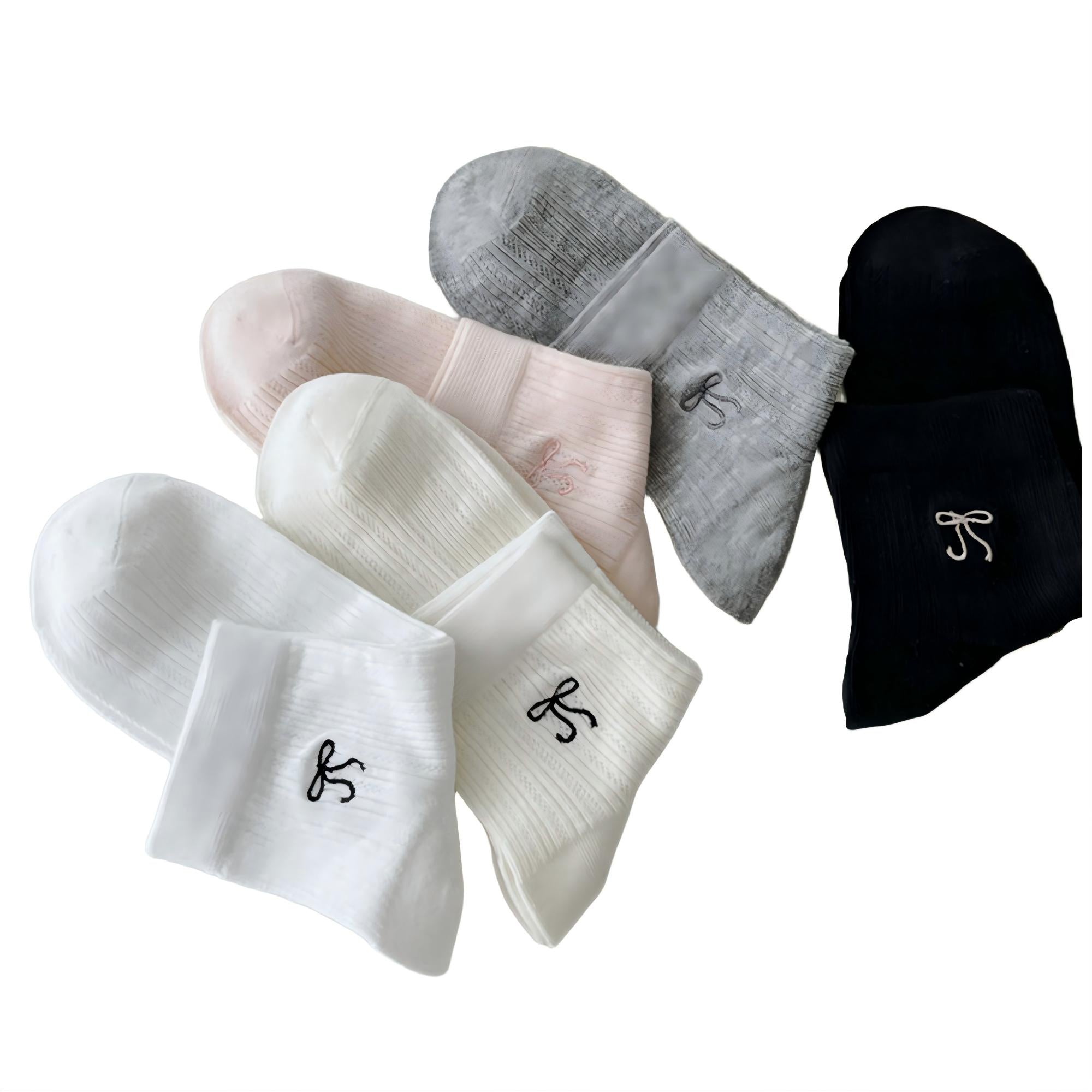Anna-Kaci Women's Ribbed Crew Socks 5 Pair Soft Stretch Knit with Embroidered Bow Detail