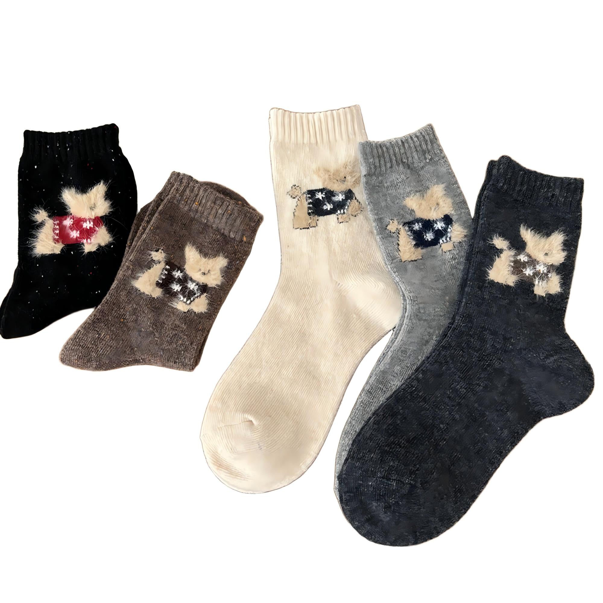 Anna-Kaci Women's Soft Knit Crew Socks 5 Pair Set with Textured Puppy Design and Ribbed Comfort Fit