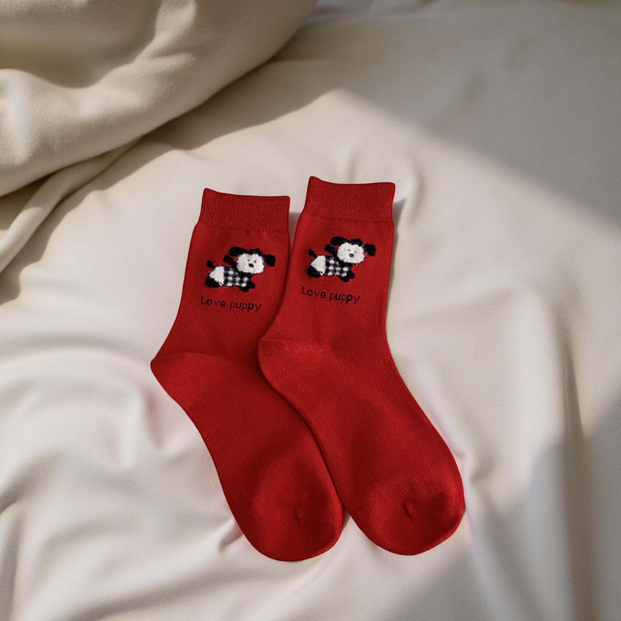 Anna-Kaci Women's Soft Knit Crew Socks 3 Pair Set with Puppy Motifs, Bow Accents and Ribbed Comfort Cuff