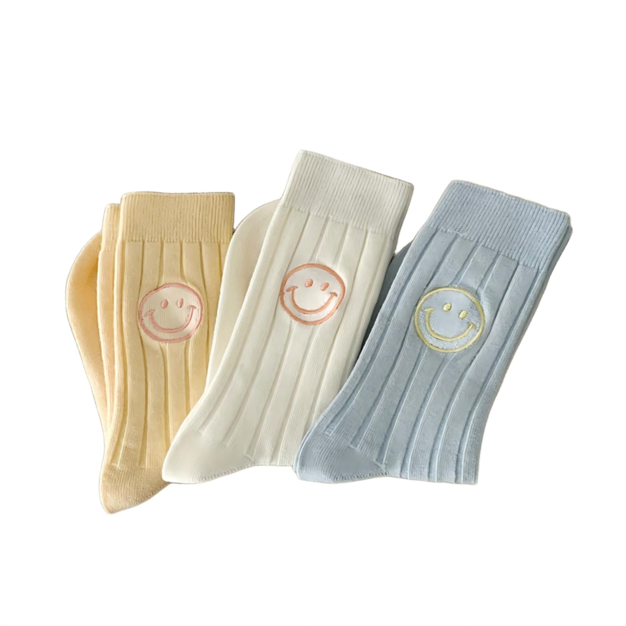 Anna-Kaci Women's Ribbed Knit Crew Socks 3 Pair Set with Smiley Face Embroidery and Soft Stretch Comfort
