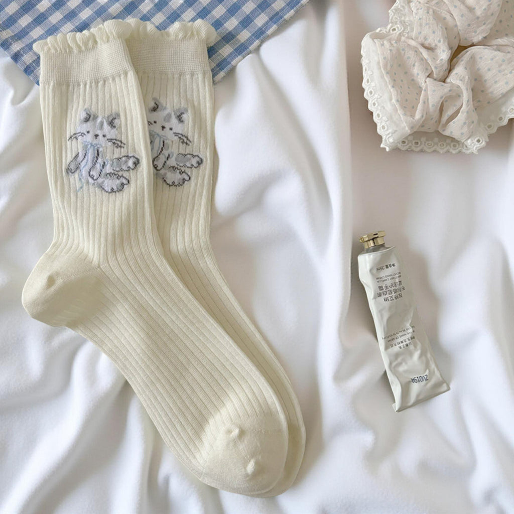 Anna-Kaci Women's Ribbed Knit Crew Socks 3 Pair Set with Ruffled Cuff and Animal Embroidery Detail