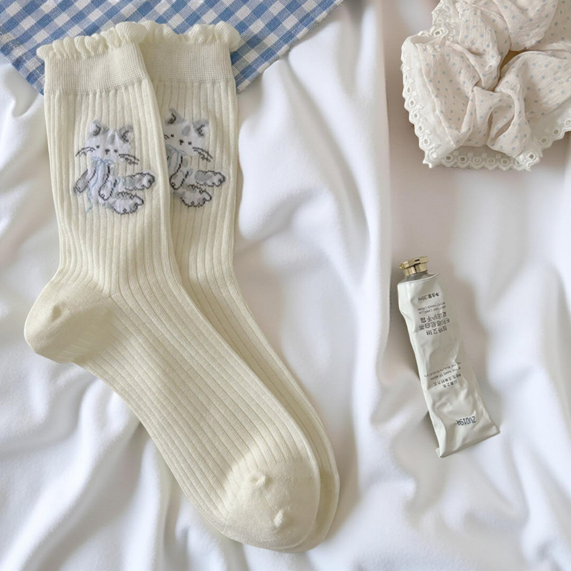 Anna-Kaci Women's Ribbed Knit Crew Socks 3 Pair Set with Ruffled Cuff and Animal Embroidery Detail