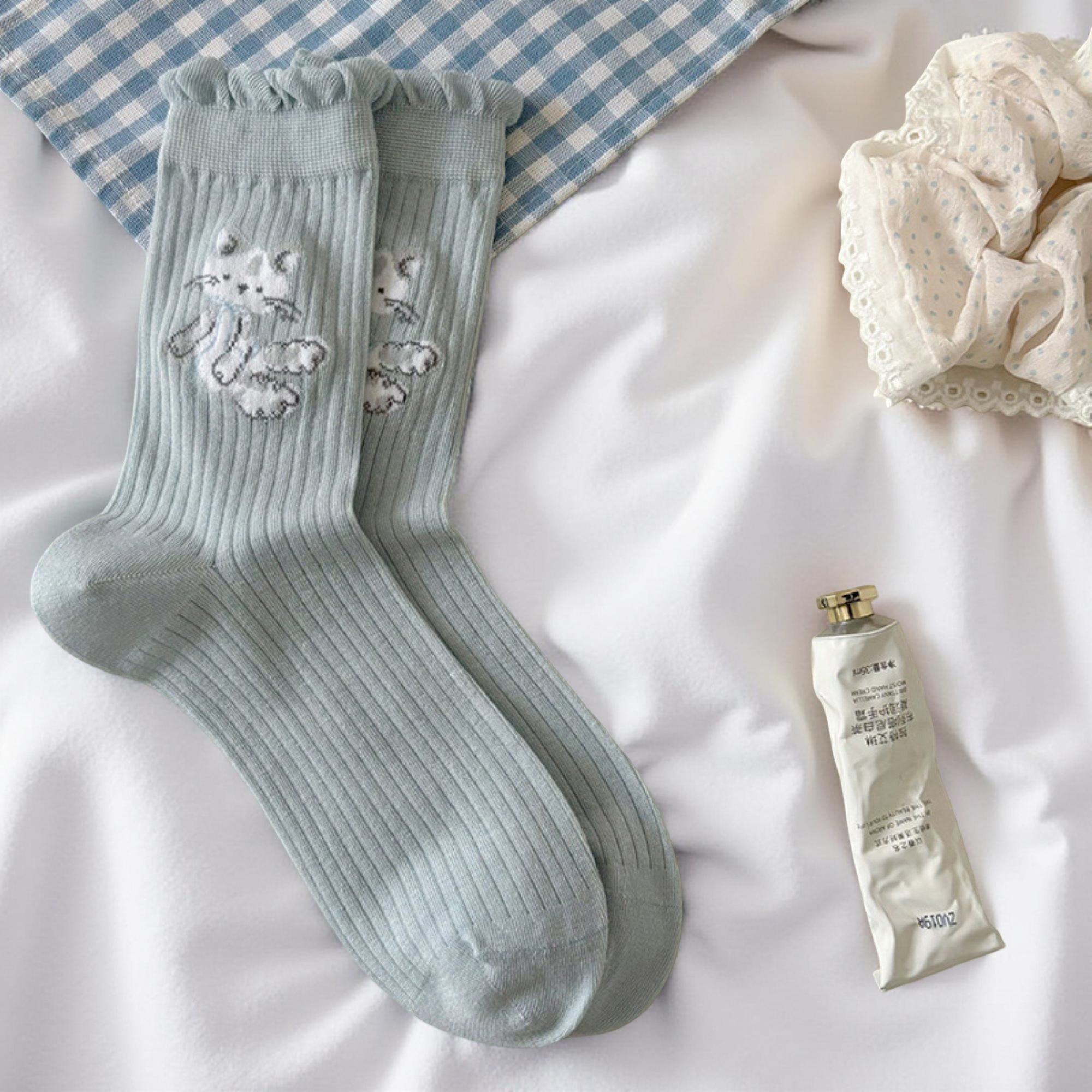 Anna-Kaci Women's Ribbed Knit Crew Socks 3 Pair Set with Ruffled Cuff and Animal Embroidery Detail