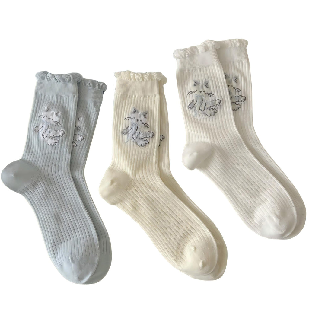 Anna-Kaci Women's Ribbed Knit Crew Socks 3 Pair Set with Ruffled Cuff and Animal Embroidery Detail