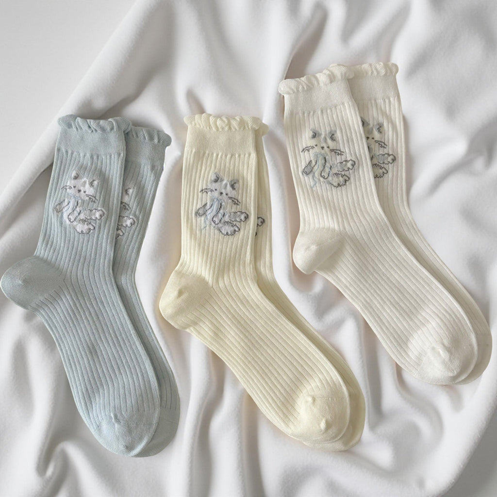 Anna-Kaci Women's Ribbed Knit Crew Socks 3 Pair Set with Ruffled Cuff and Animal Embroidery Detail
