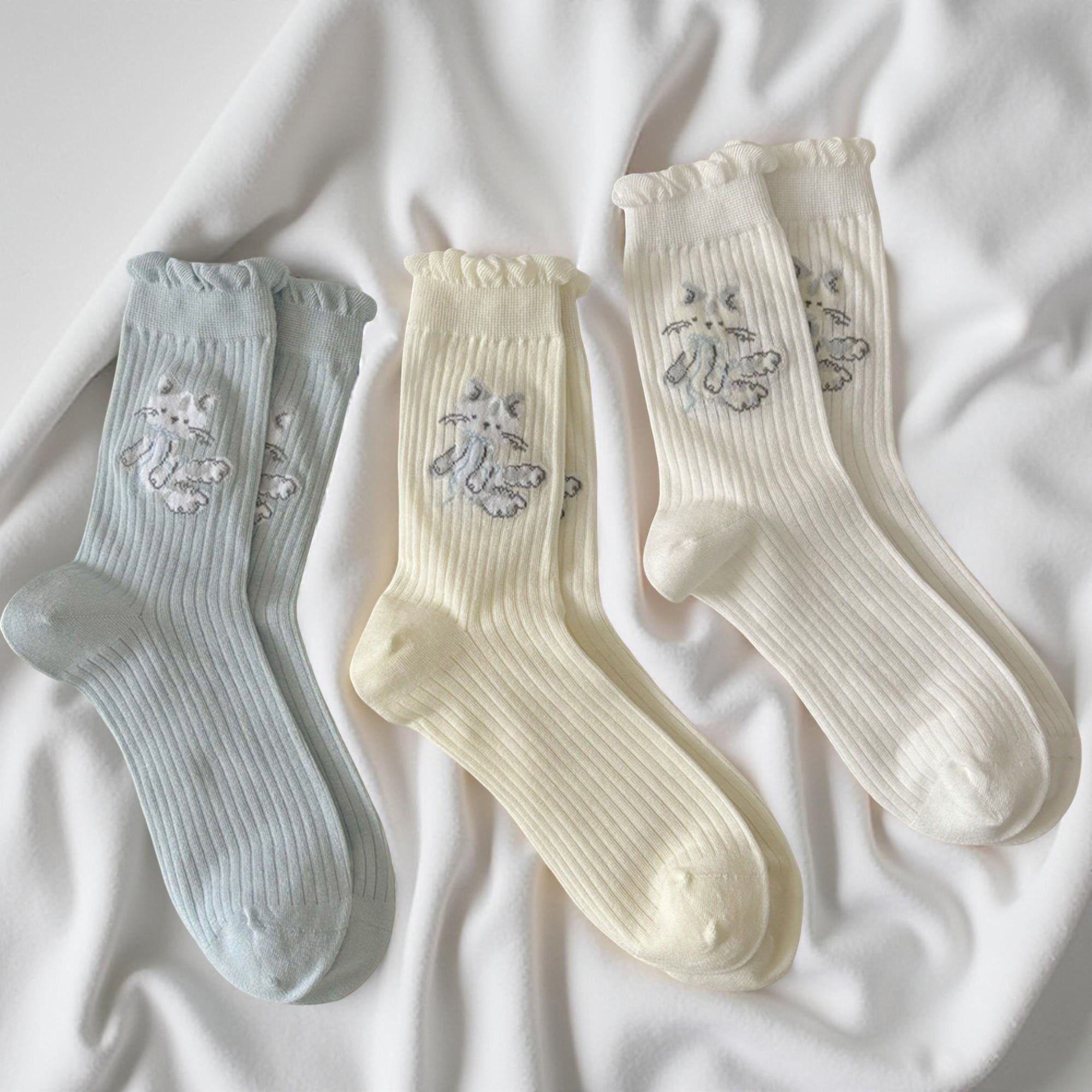 Anna-Kaci Women's Ribbed Knit Crew Socks 3 Pair Set with Ruffled Cuff and Animal Embroidery Detail