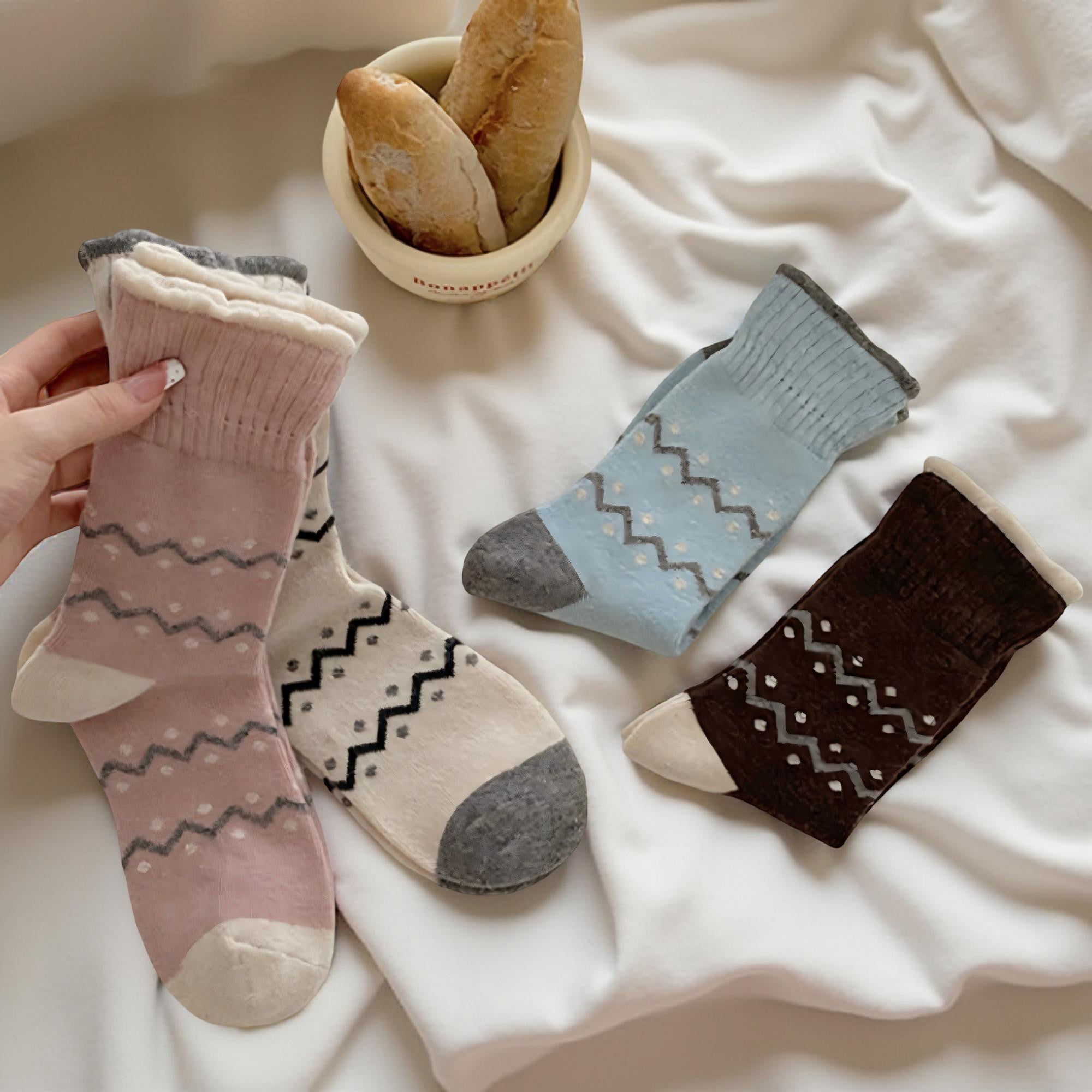 Anna-Kaci Women's Ribbed Knit Crew Socks 3 Pair Set with Zigzag Pattern Detail Soft Stretch Fabric Giftable Everyday Socks