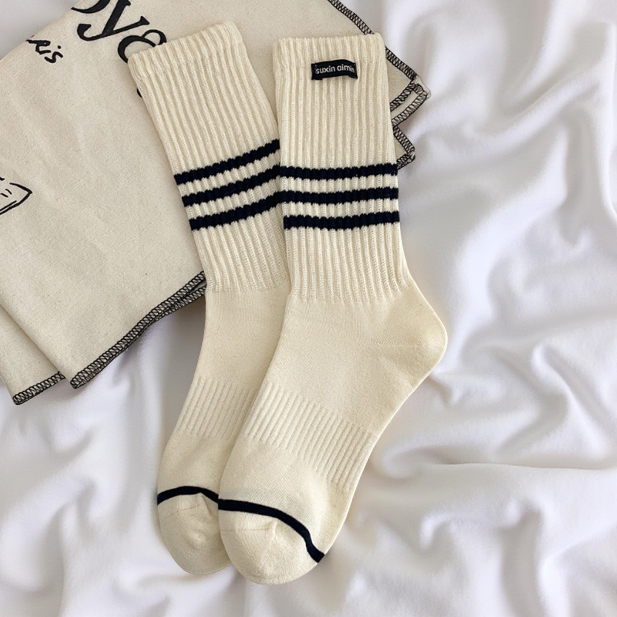 Anna-Kaci Women's Ribbed Knit Crew Socks 5 Pair Set with Striped Detail Soft Stretch Athletic Inspired Everyday Socks